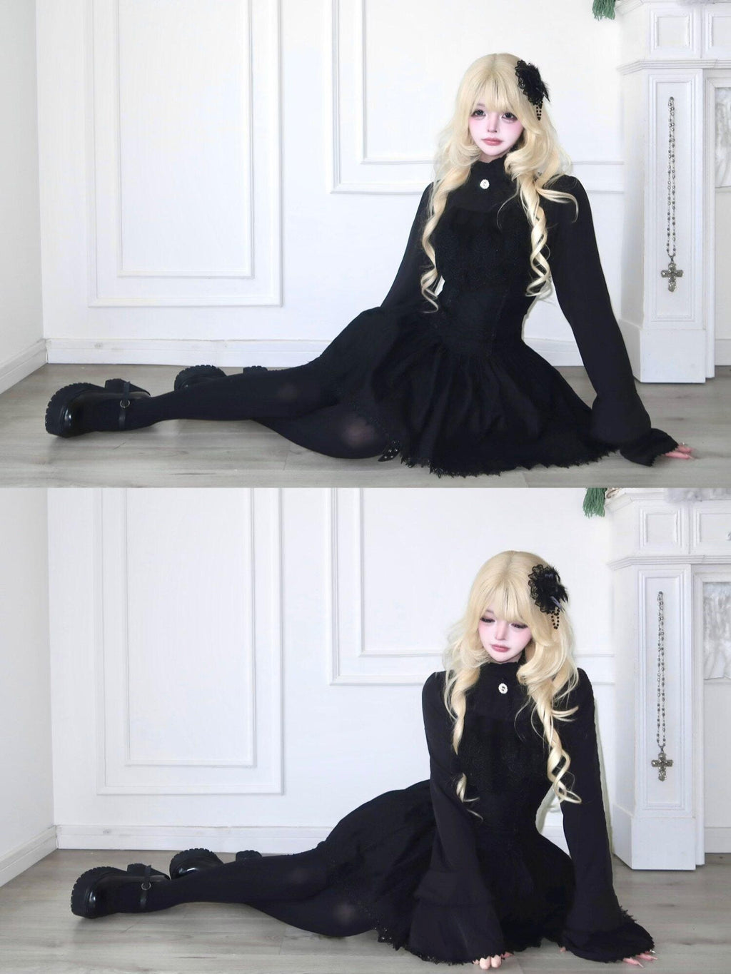 Sub Era White Gothic Jabot Bell Sleeve High Waist Tie Women's Matching Skirt Sets