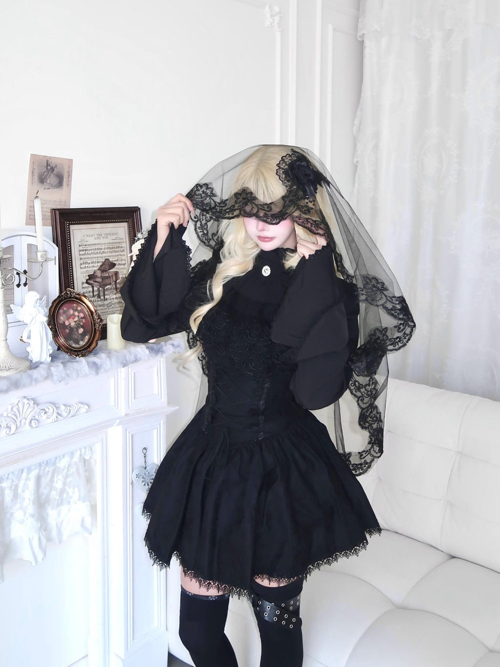 Sub Era White Gothic Jabot Bell Sleeve High Waist Tie Women's Matching Skirt Sets