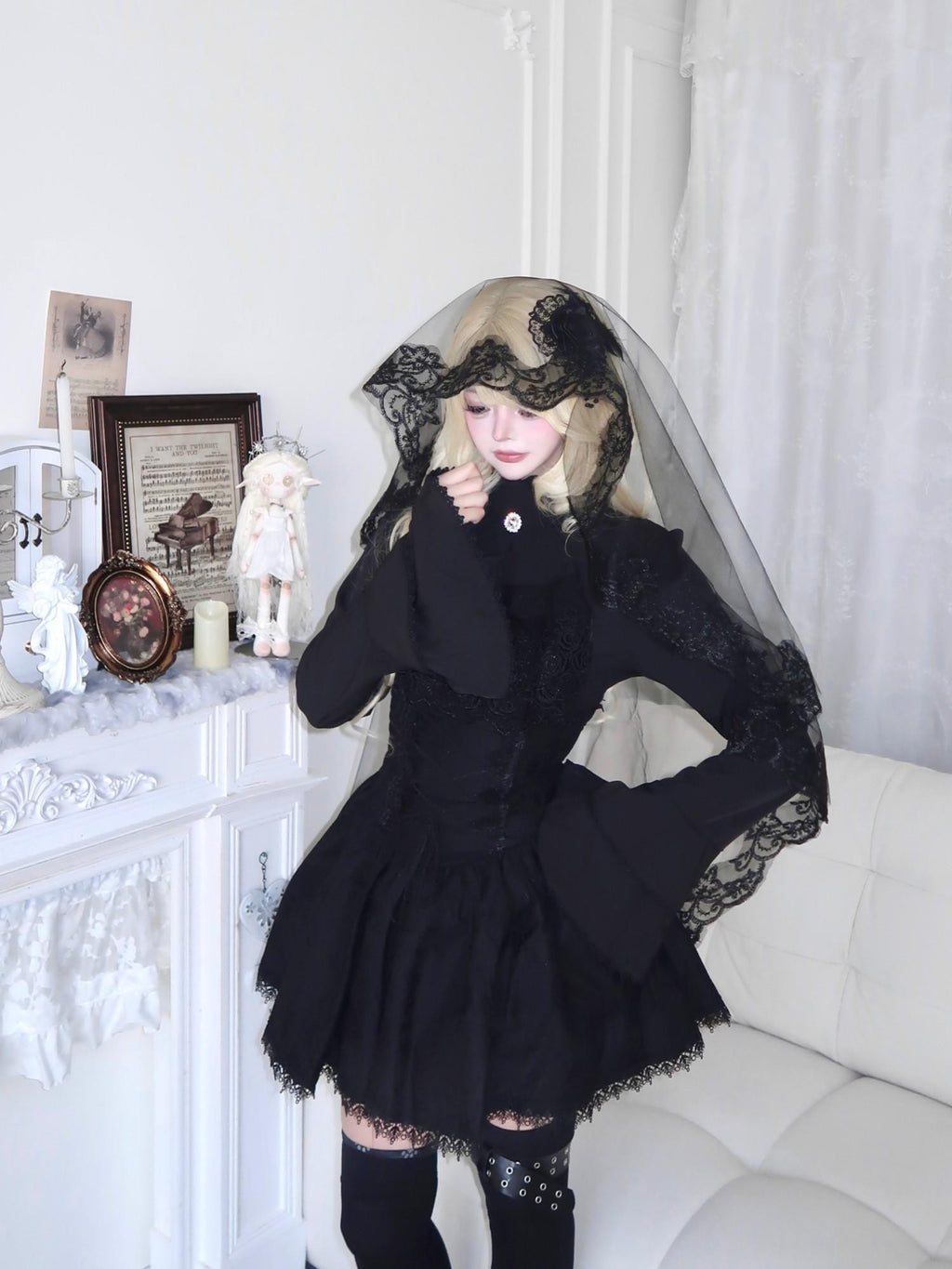 Sub Era White Gothic Jabot Bell Sleeve High Waist Tie Women's Matching Skirt Sets