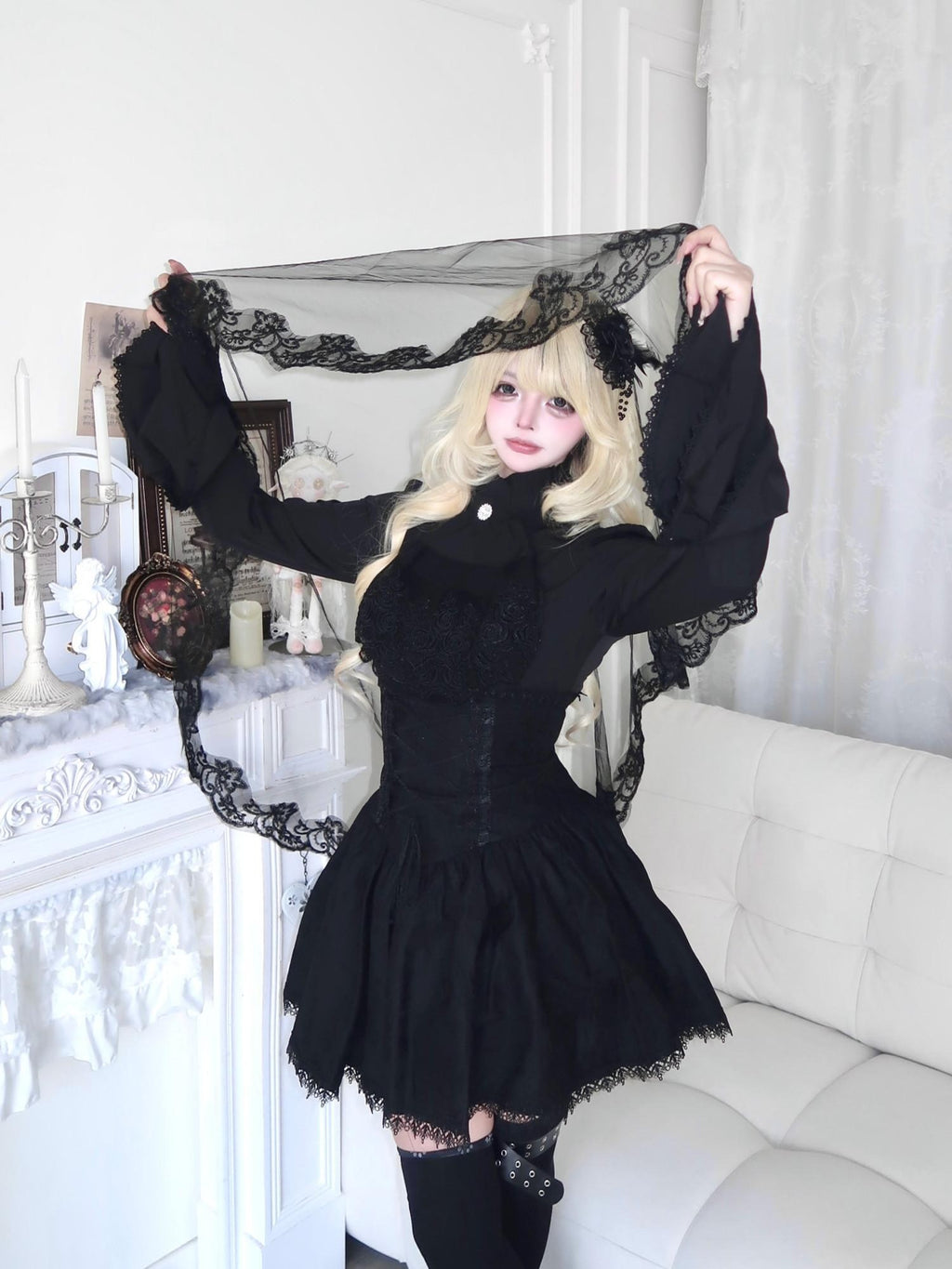 Sub Era White Gothic Jabot Bell Sleeve High Waist Tie Women's Matching Skirt Sets