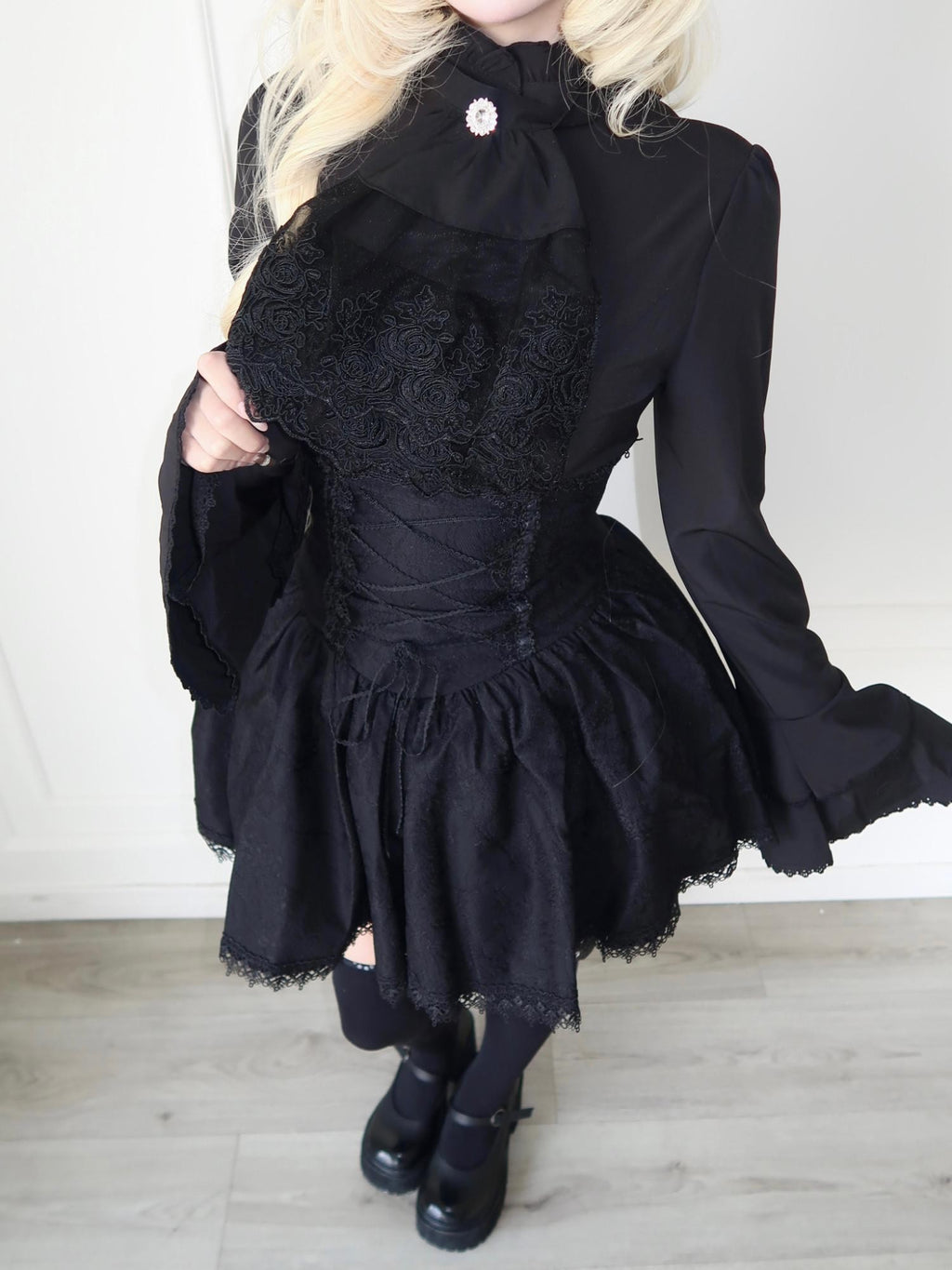 Sub Era White Gothic Jabot Bell Sleeve High Waist Tie Women's Matching Skirt Sets
