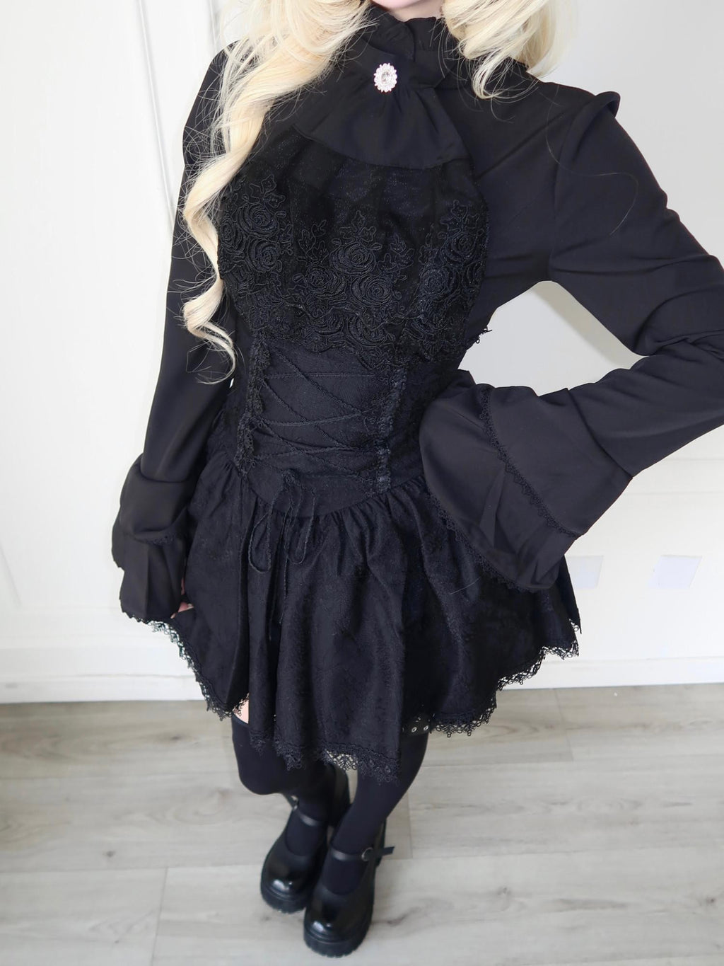 Sub Era White Gothic Jabot Bell Sleeve High Waist Tie Women's Matching Skirt Sets