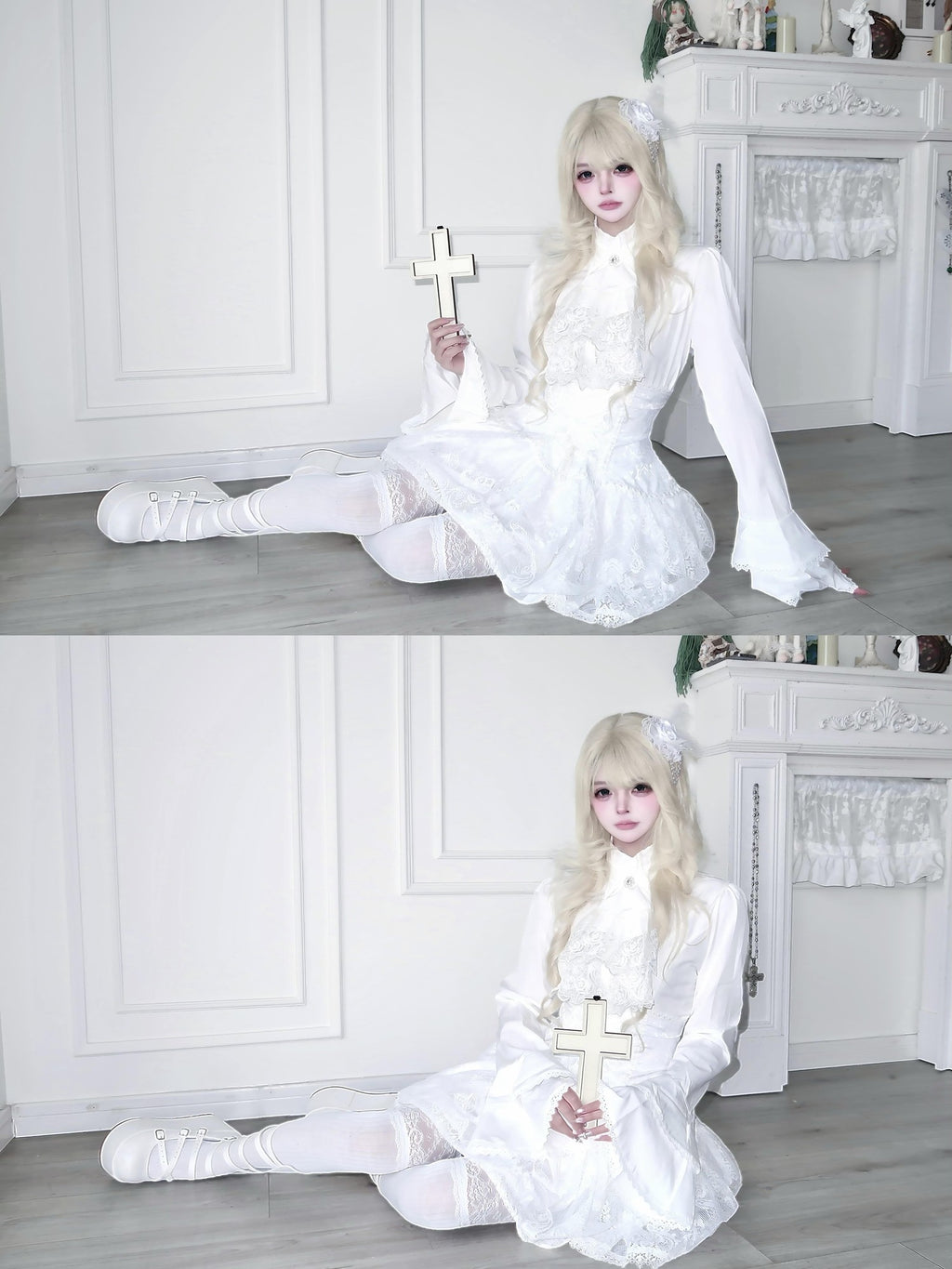 Sub Era White Gothic Jabot Bell Sleeve High Waist Tie Women's Matching Skirt Sets