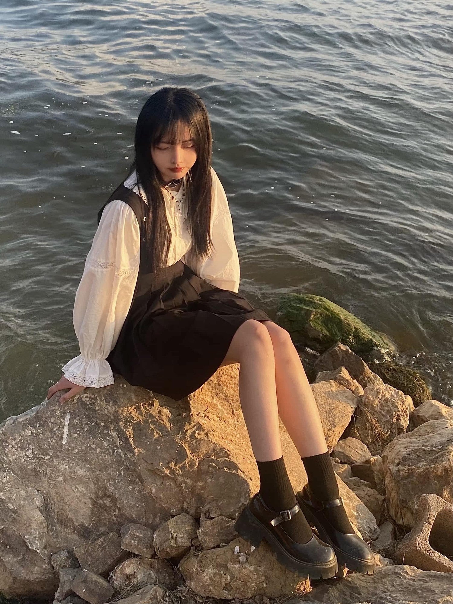Sub Era White Vintage Doll Collar Loose Long Sleeve Women's Cotton Puff-sleeve Blouses