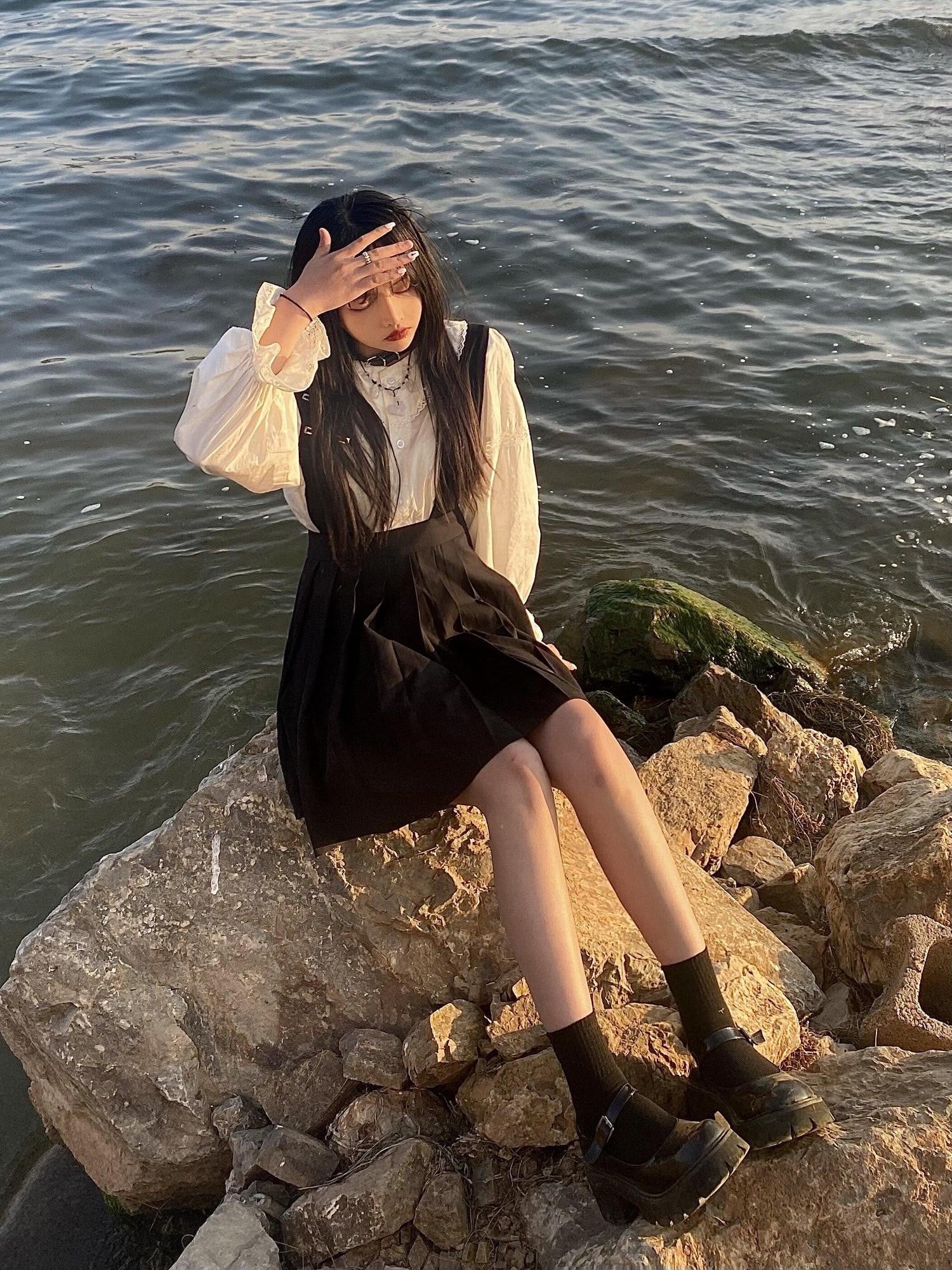 Sub Era White Vintage Doll Collar Loose Long Sleeve Women's Cotton Puff-sleeve Blouses
