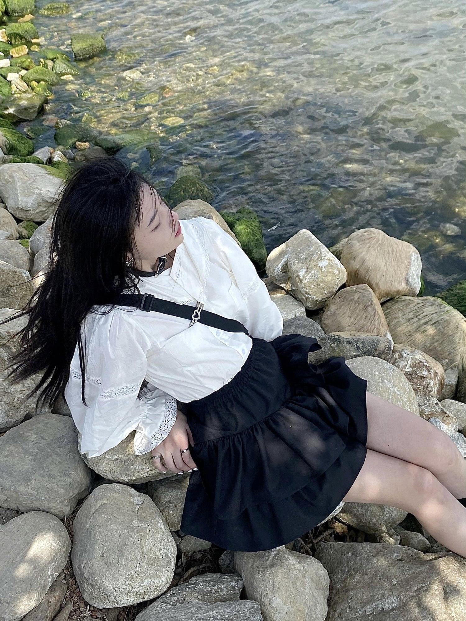 Sub Era White Vintage Doll Collar Loose Long Sleeve Women's Cotton Puff-sleeve Blouses