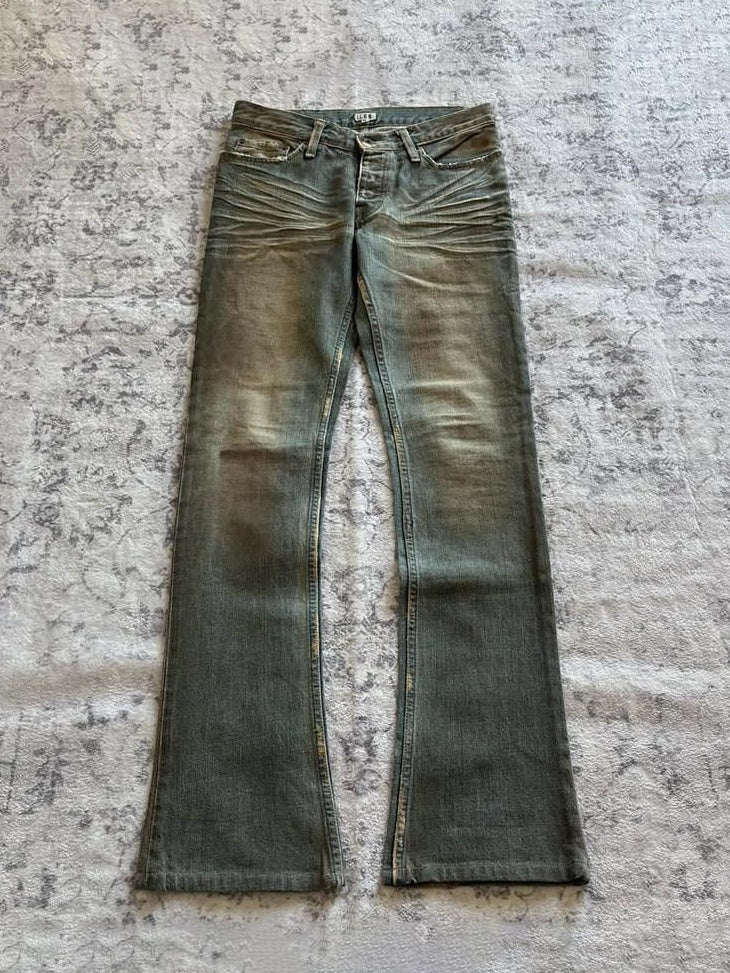 THE DAWN Breathable Mid Rise Distressed Visual Slim Flare Youth Blue Straight Jeans