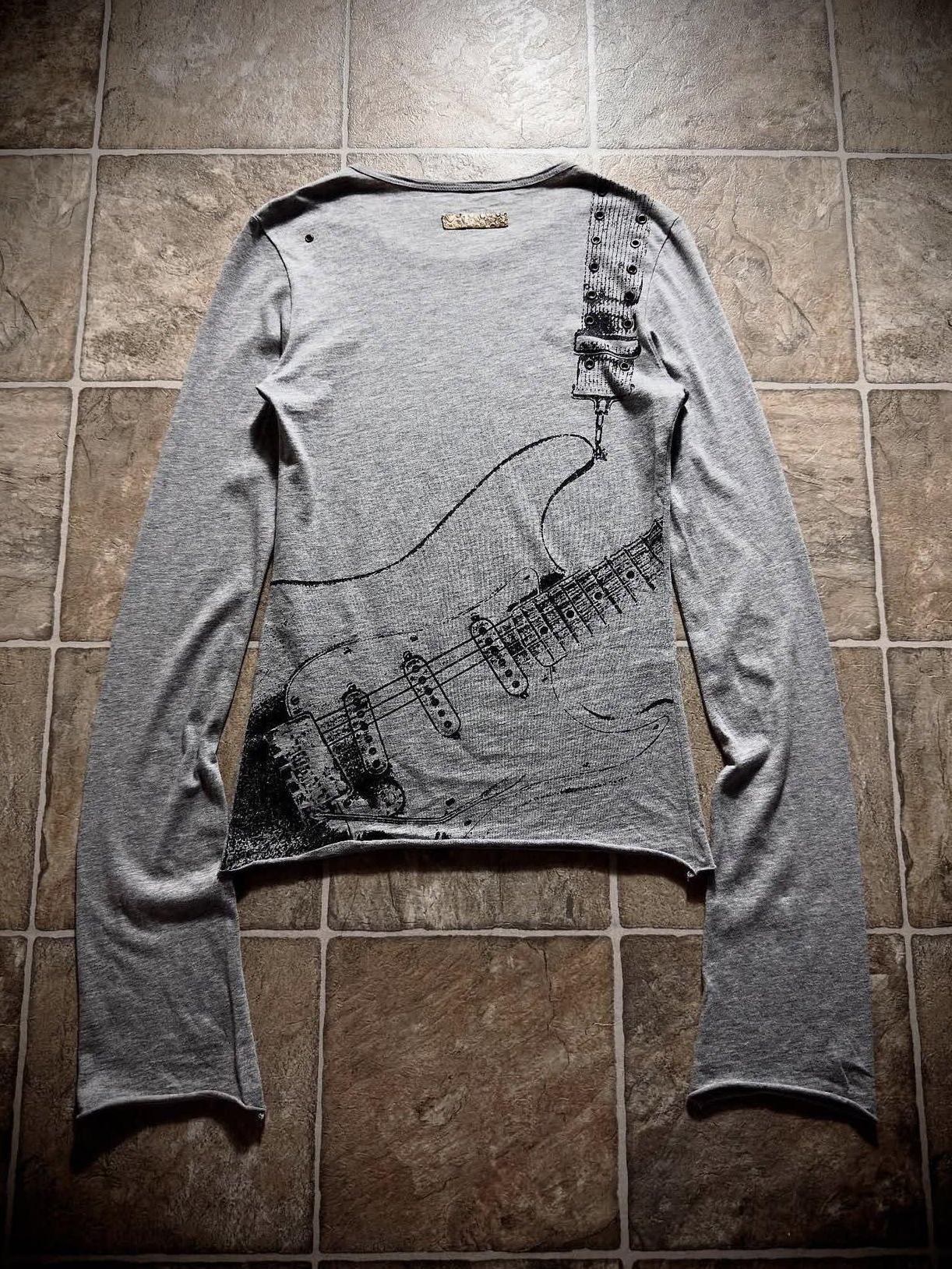 THE DAWN Breathable Punk Guitar Print Loose Crop Unisex Black Gray Long Sleeve T-Shirts