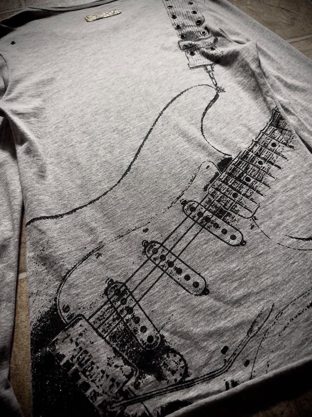 THE DAWN Breathable Punk Guitar Print Loose Crop Unisex Black Gray Long Sleeve T-Shirts