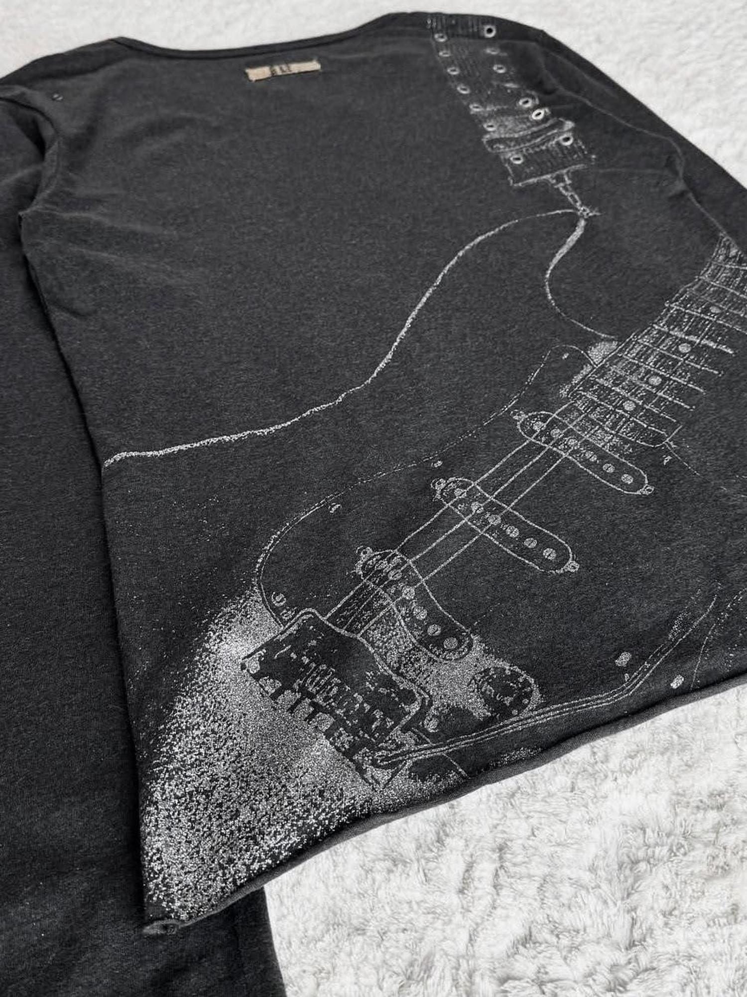 THE DAWN Breathable Punk Guitar Print Loose Crop Unisex Black Gray Long Sleeve T-Shirts