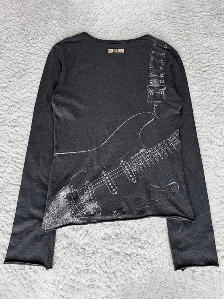THE DAWN Breathable Punk Guitar Print Loose Crop Unisex Black Gray Long Sleeve T-Shirts