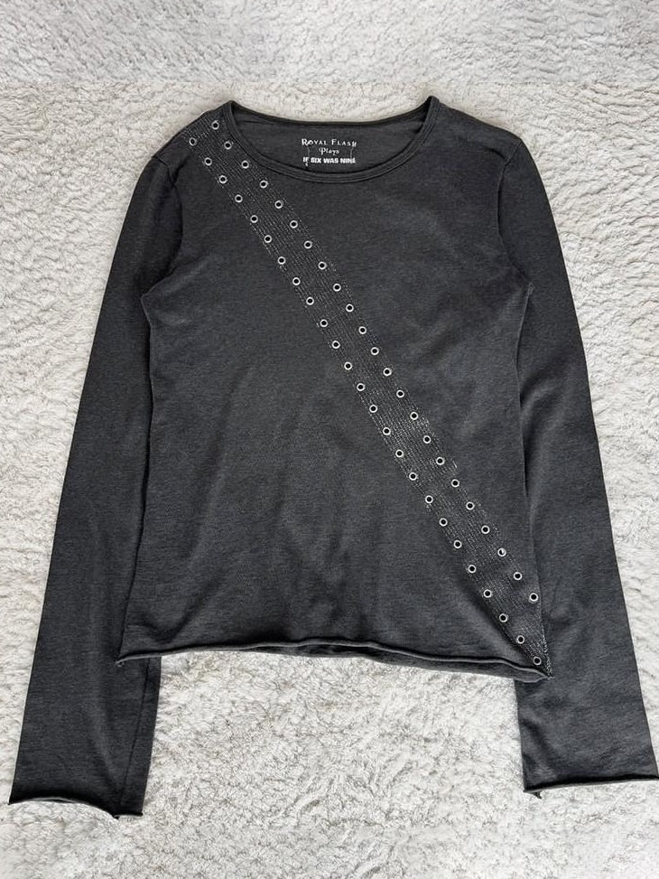 THE DAWN Breathable Punk Guitar Print Loose Crop Unisex Black Gray Long Sleeve T-Shirts
