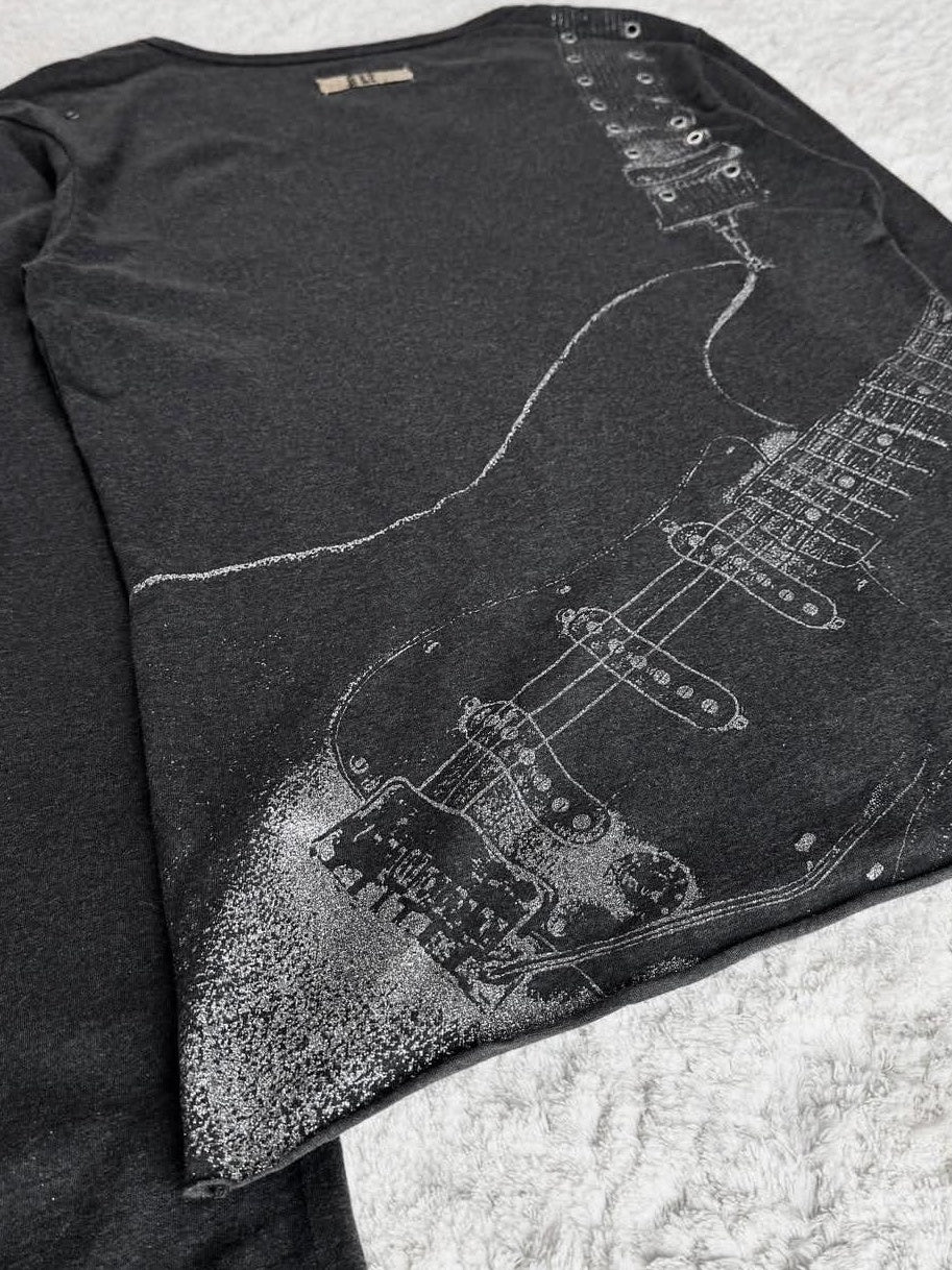 THE DAWN Breathable Punk Guitar Print Loose Crop Unisex Black Gray Long Sleeve T-Shirts