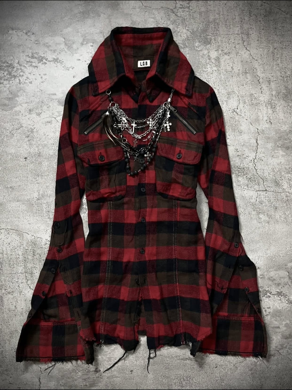 THE_DAWN_Detachable_Distressed_Vintage_Slim_Fit_Stand_Collar_Men_Burgundy_Plaid_Shirts_MISSTT