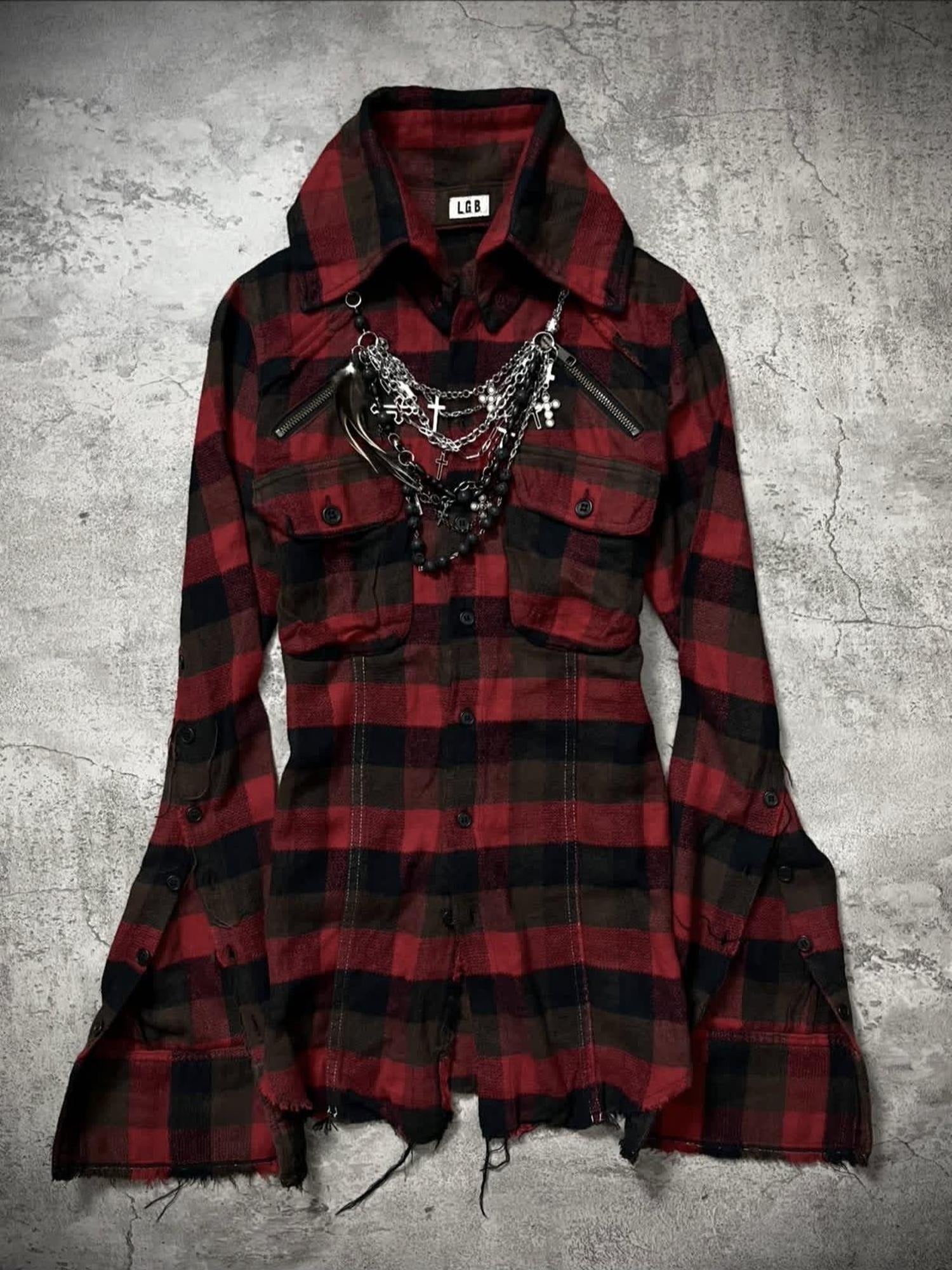 THE DAWN Detachable Distressed Vintage Slim Fit Stand Collar Men Burgundy Plaid Shirts