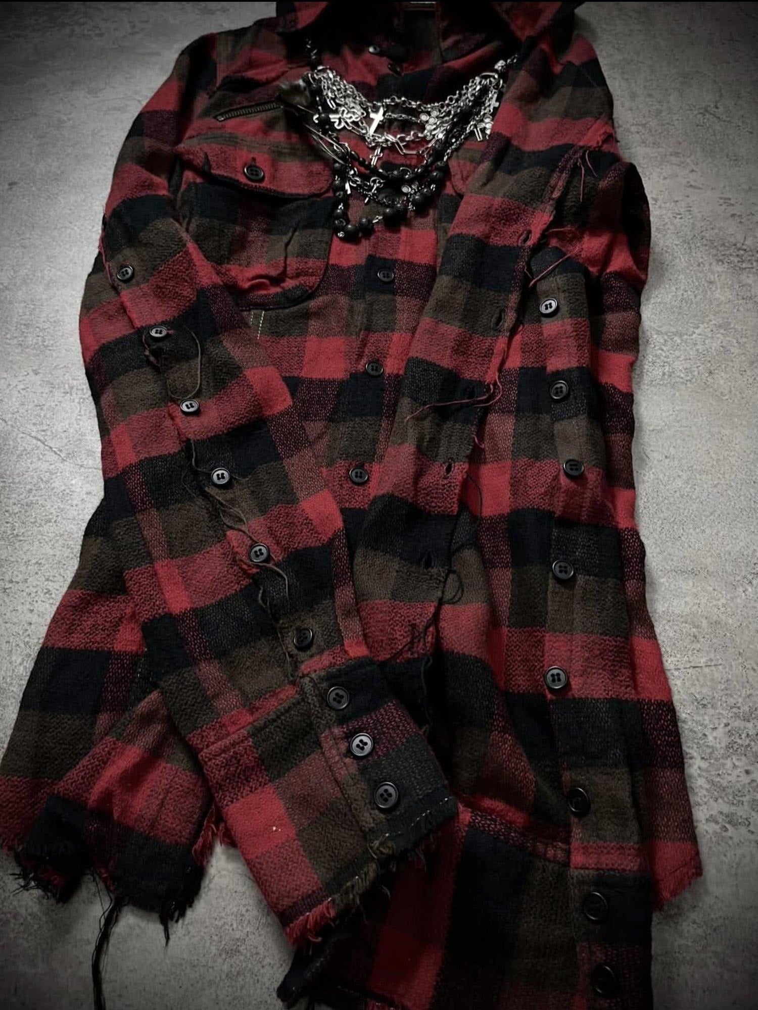 THE DAWN Detachable Distressed Vintage Slim Fit Stand Collar Men Burgundy Plaid Shirts