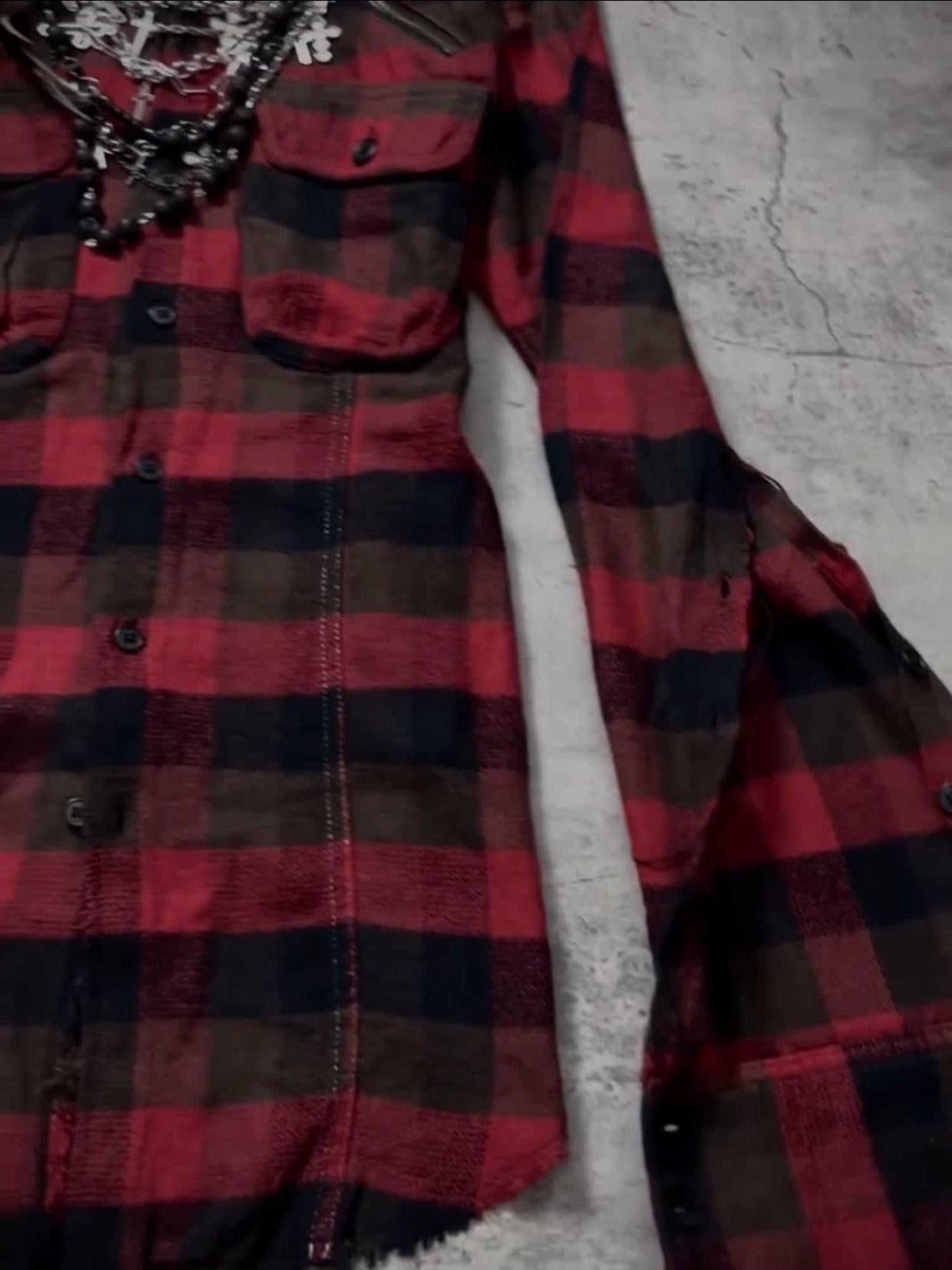 THE DAWN Detachable Distressed Vintage Slim Fit Stand Collar Men Burgundy Plaid Shirts