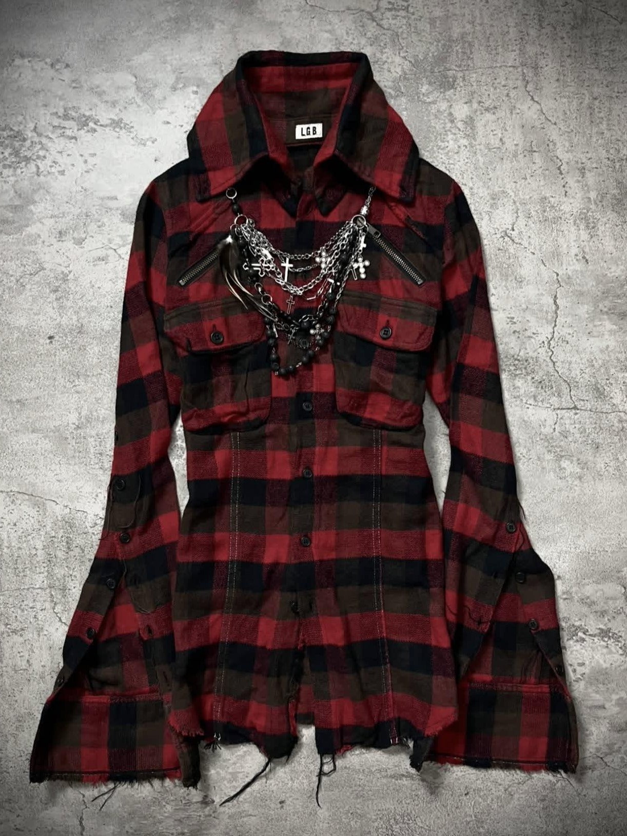 THE DAWN Detachable Distressed Vintage Slim Fit Stand Collar Men Burgundy Plaid Shirts