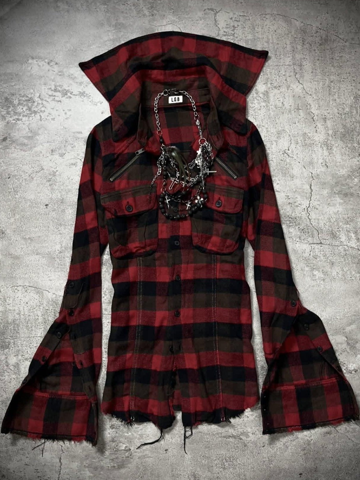 THE DAWN Detachable Distressed Vintage Slim Fit Stand Collar Men Burgundy Plaid Shirts