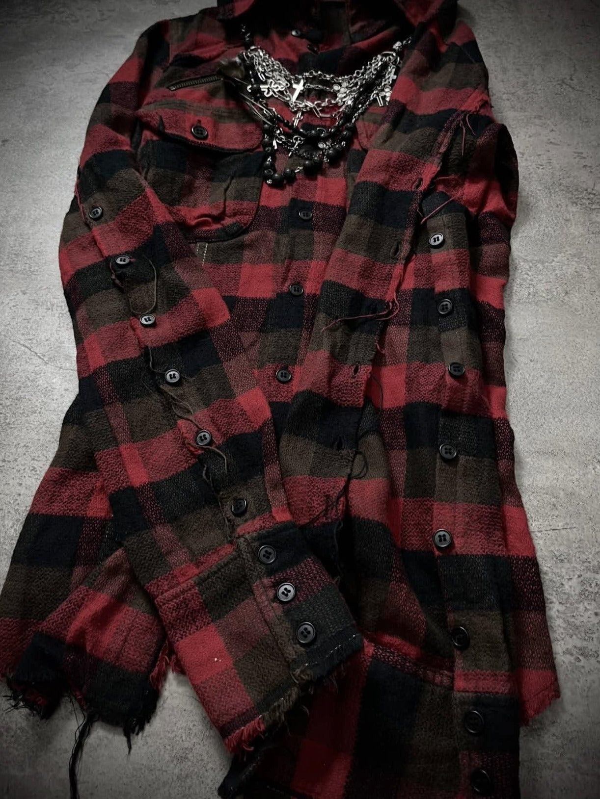 THE DAWN Detachable Distressed Vintage Slim Fit Stand Collar Men Burgundy Plaid Shirts