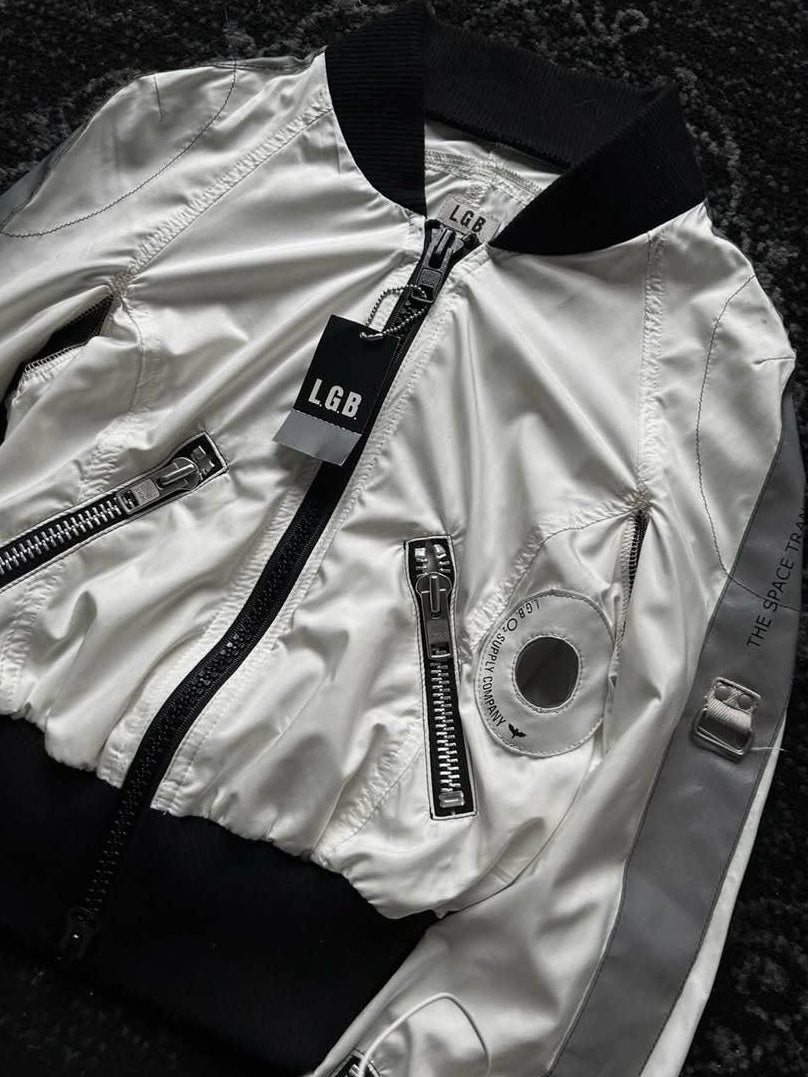 THE DAWN Patchwork Cropped Batwing Baseball Collar Zipper Unisex White Casual Jackets