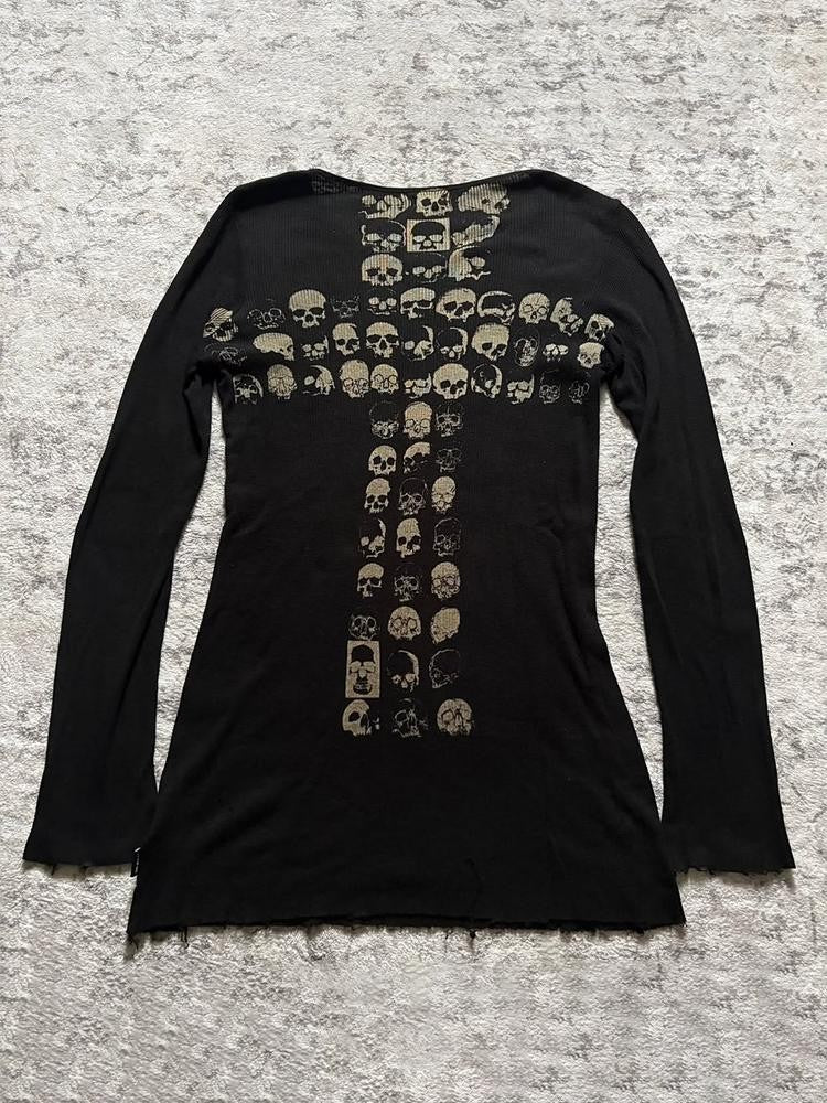 THE DAWN Skull Cross Print Rock Loose Fit Women's Long Sleeve T-shirts