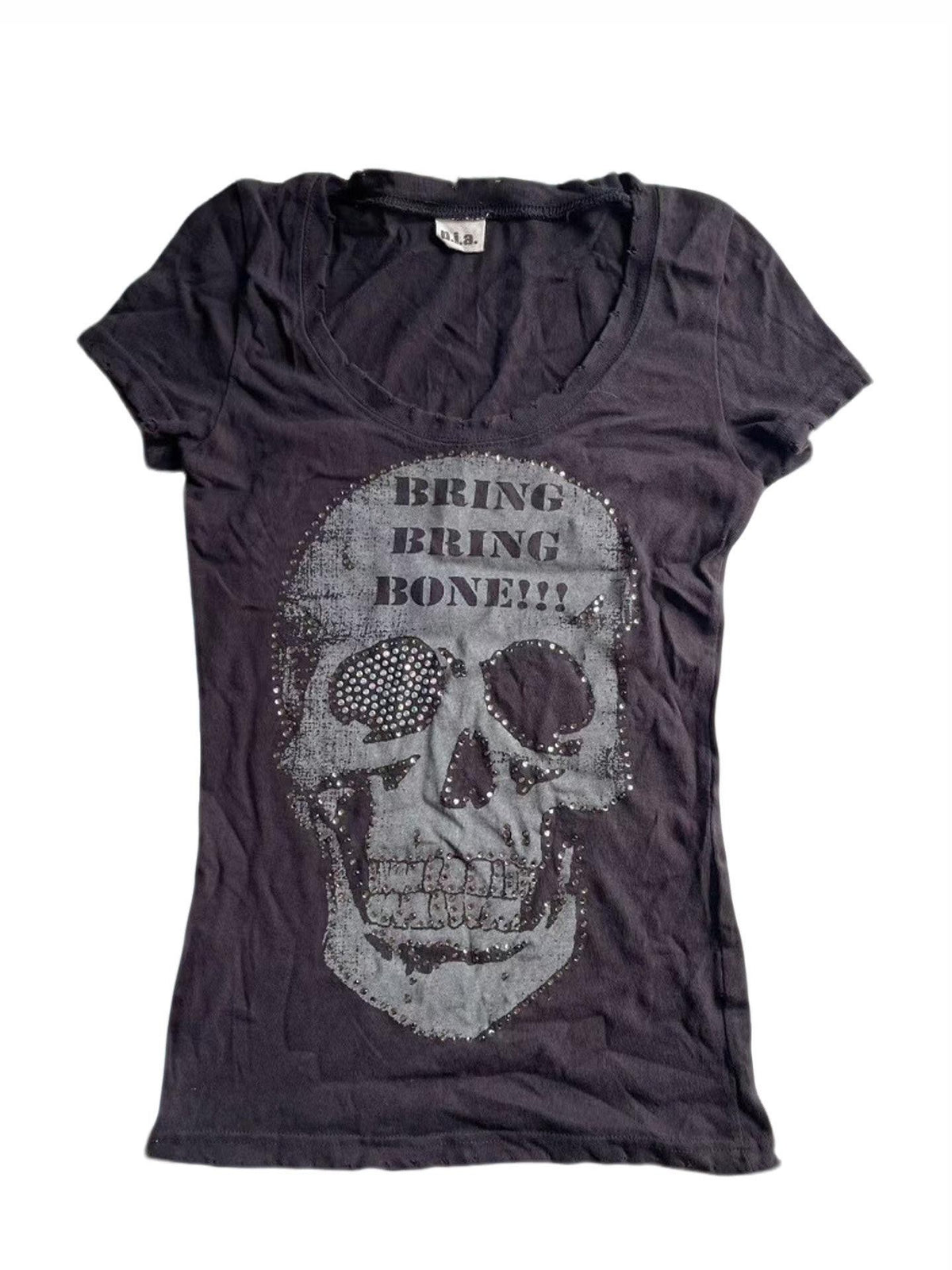 THE DAWN Skull Print Rhinestone Punk Women's Short Sleeve T-shirts