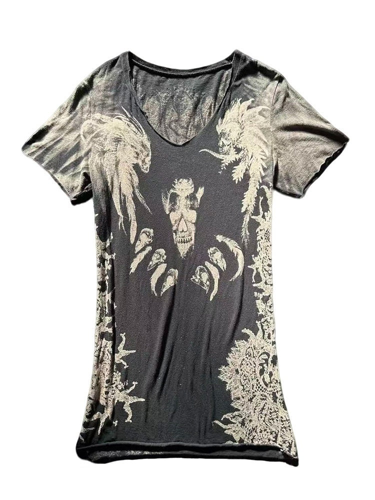 THE_DAWN_Slim_V-neck_Distressed_Gothic_Devil_Feather_Unisex_Black_Short_Sleeve_T-Shirts_MISSTT