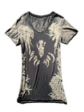 THE_DAWN_Slim_V-neck_Distressed_Gothic_Devil_Feather_Unisex_Black_Short_Sleeve_T-Shirts_MISSTT