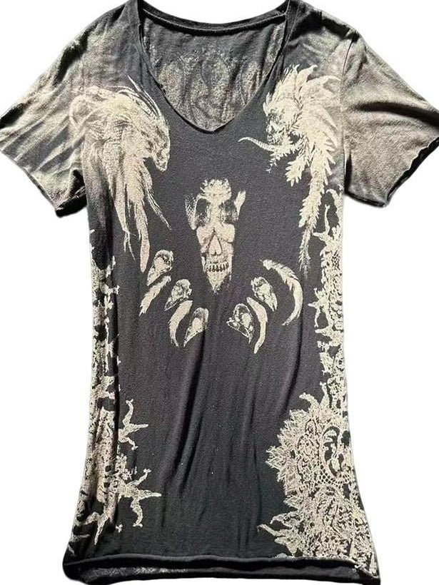 THE DAWN Slim V-neck Distressed Gothic Devil Feather Unisex Black Short Sleeve T-Shirts