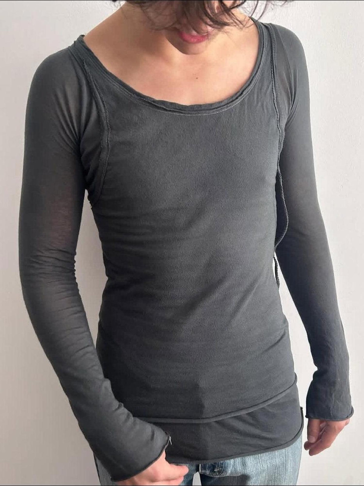 THE DAWN Visual Faux Two Piece Layered Round Neck Women's Long Sleeve T-shirts