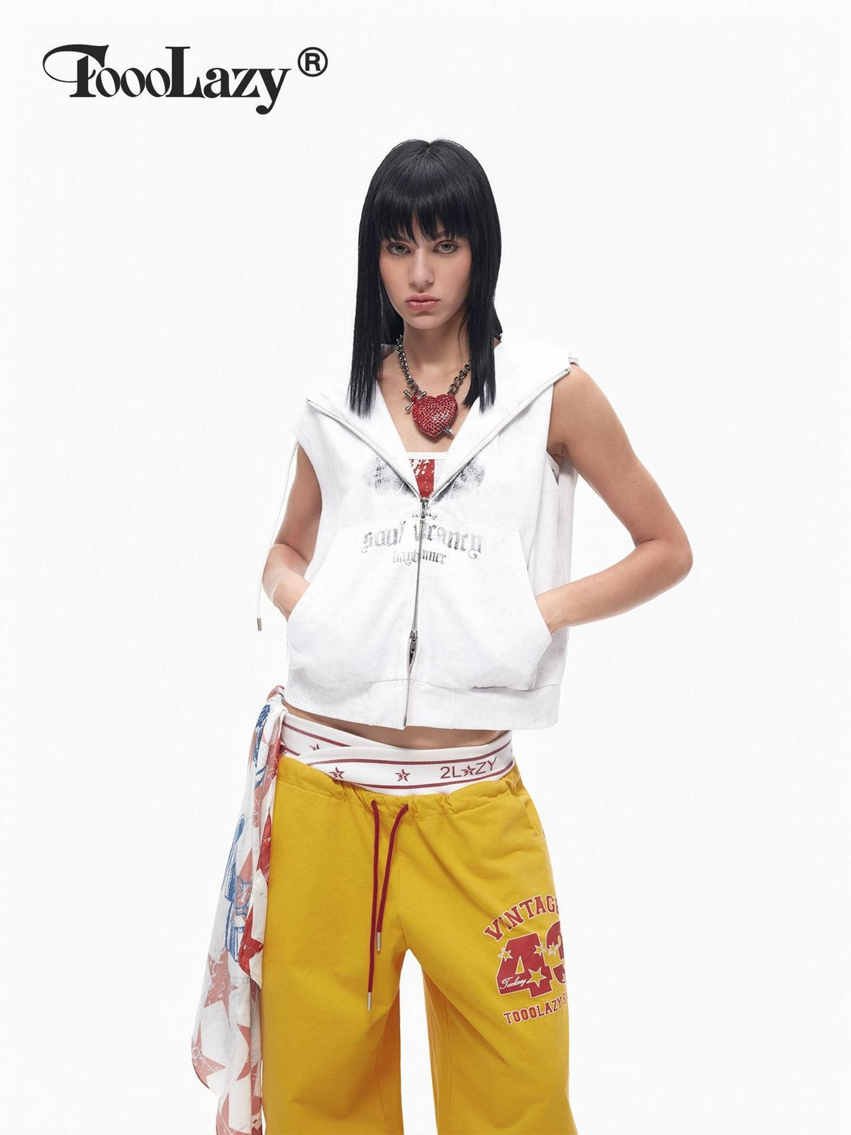 TOOOLAZY American Vintage Double Zipper Hooded Short Distressed Women's Tank Tops