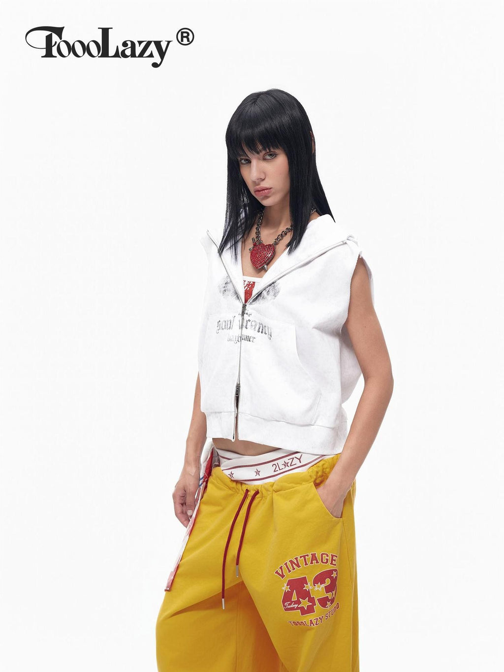 TOOOLAZY American Vintage Double Zipper Hooded Short Distressed Women's Tank Tops