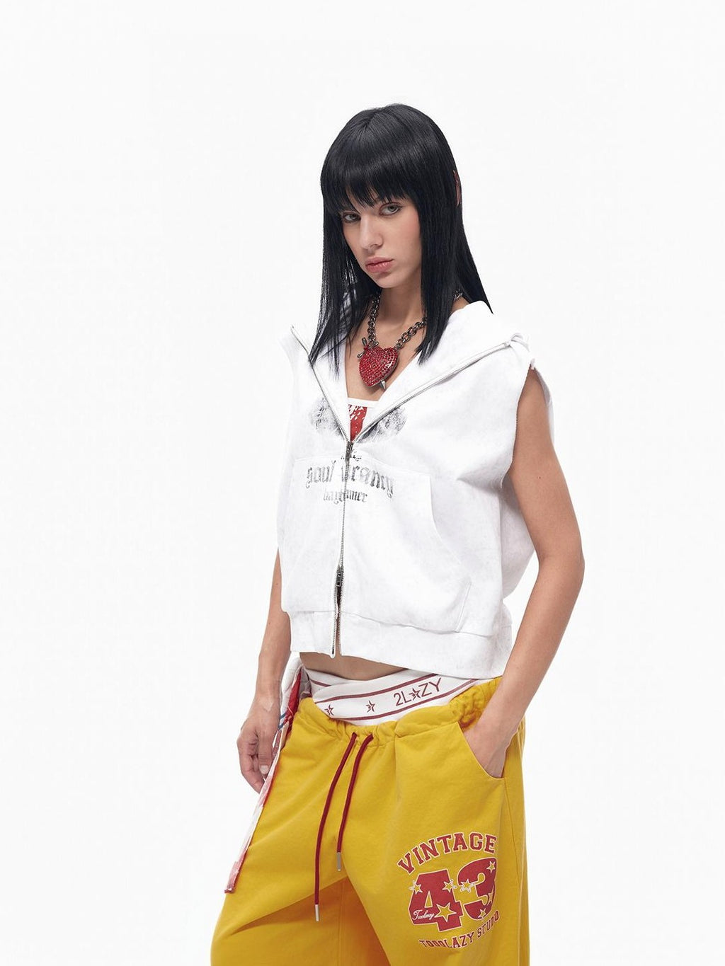 TOOOLAZY American Vintage Double Zipper Hooded Short Distressed Women's Tank Tops