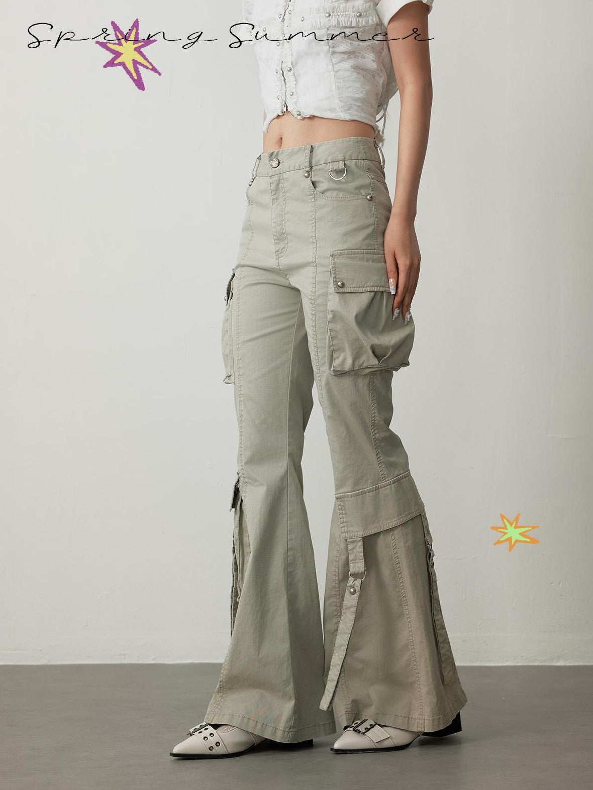 TOOOLAZY Apricot Pocket Button Natural Waist Women's Stretch Cotton Flare Pants