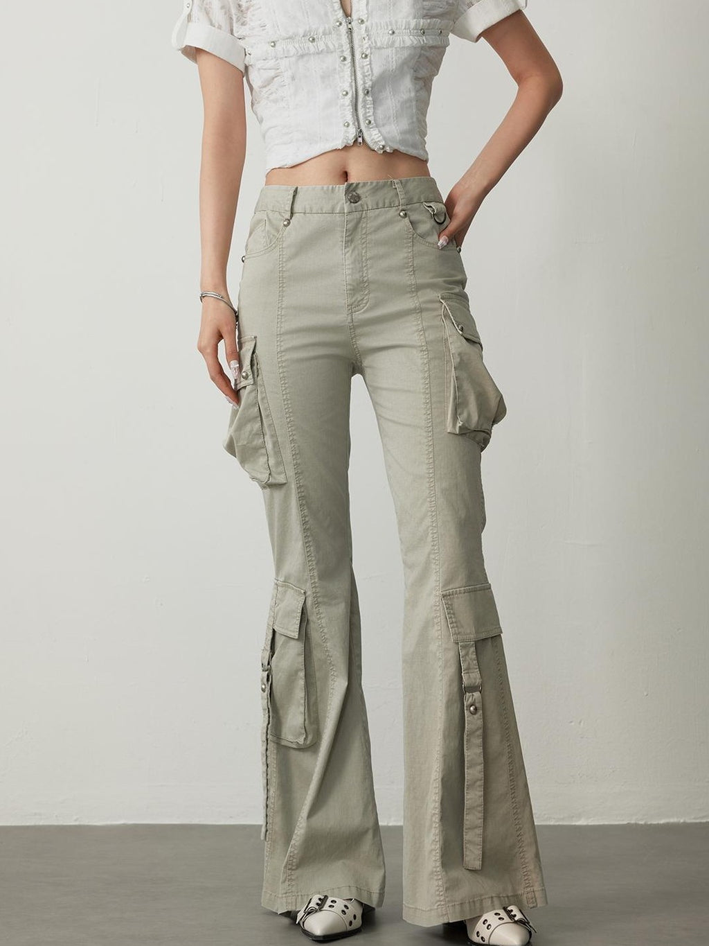 TOOOLAZY Apricot Pocket Button Natural Waist Women's Stretch Cotton Flare Pants