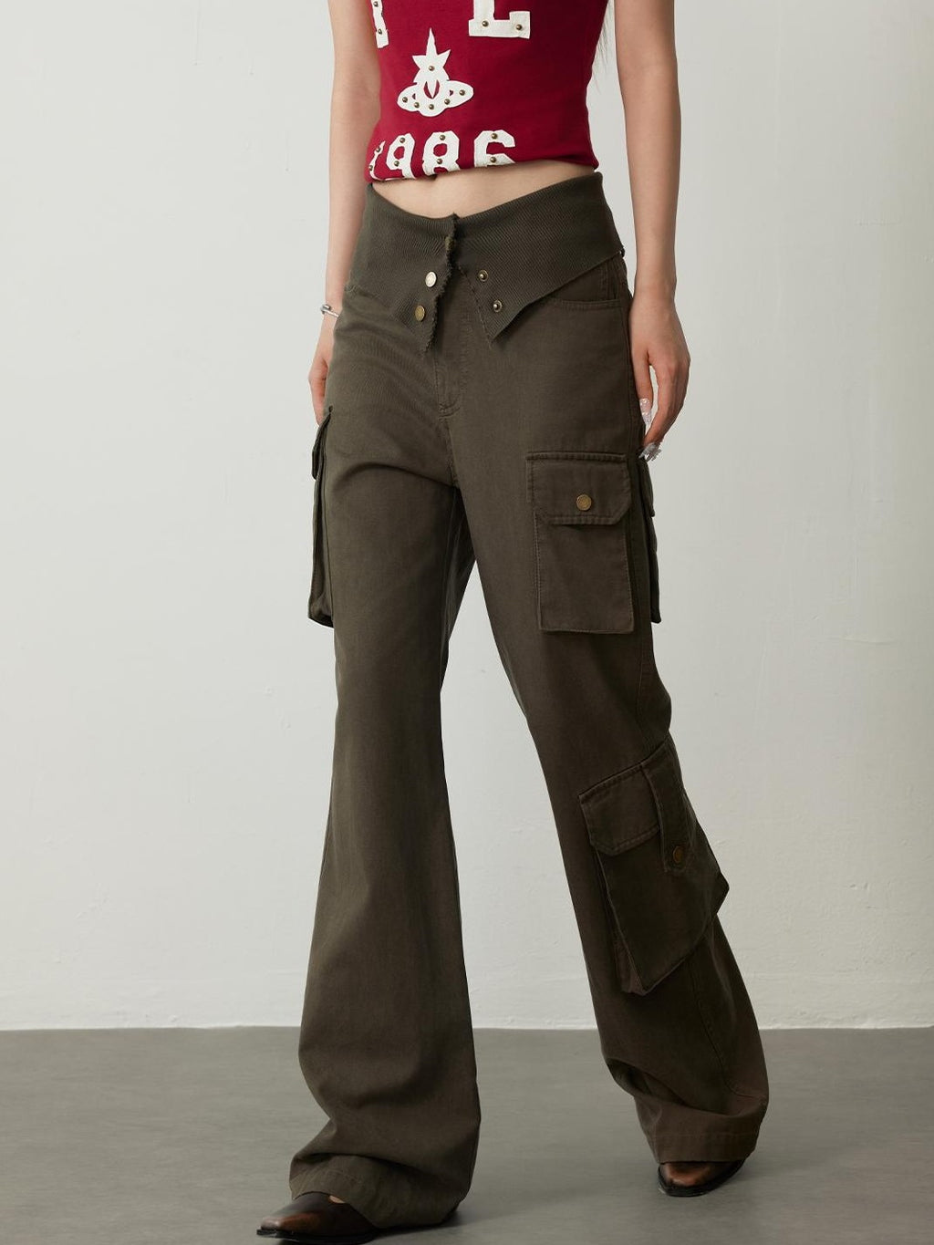 TOOOLAZY Army Green Vintage Cargo High Waist Women's Lyocell Cotton Bootcut Pants