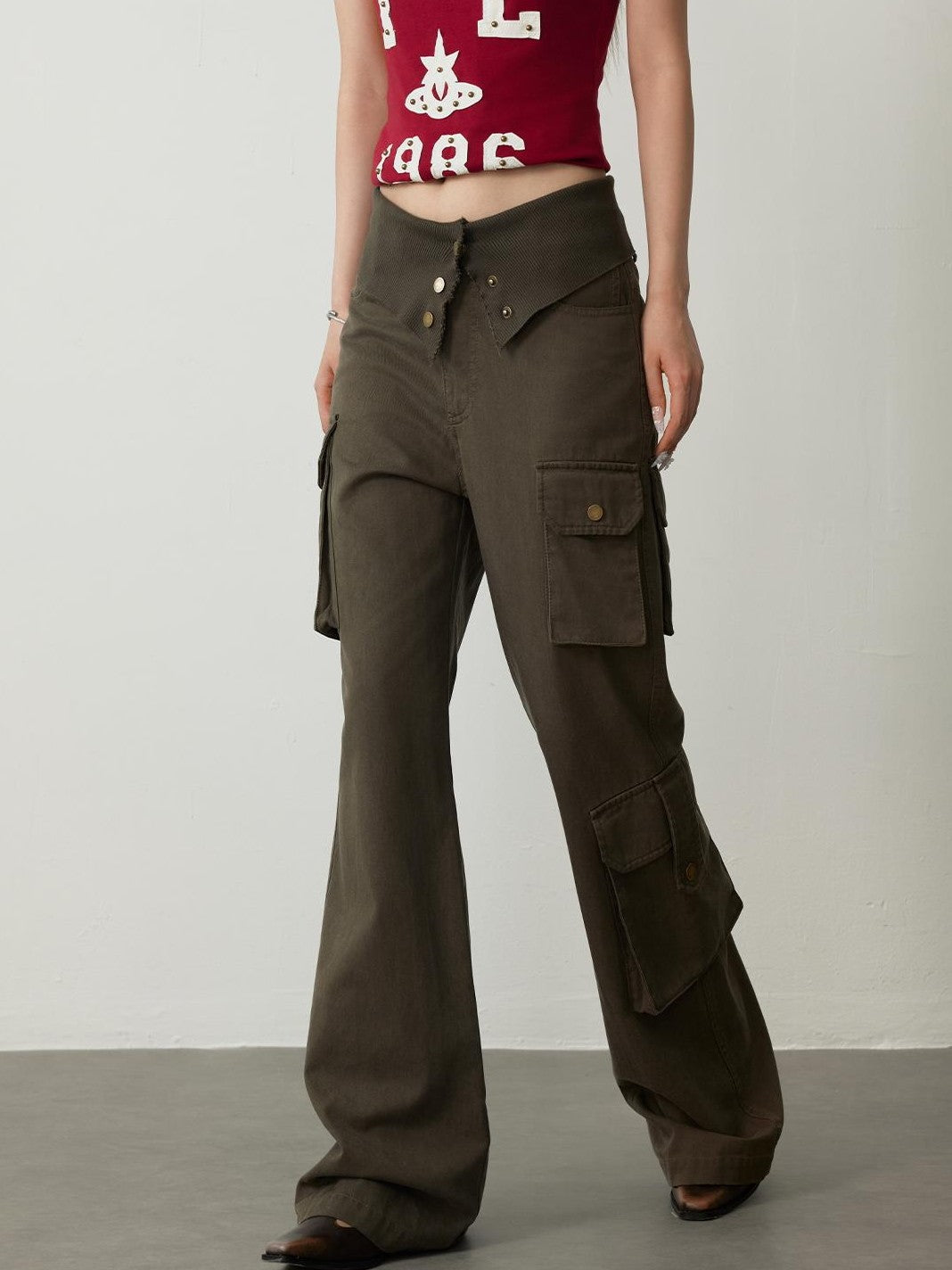 TOOOLAZY Army Green Vintage Cargo High Waist Women's Lyocell Cotton Bootcut Pants