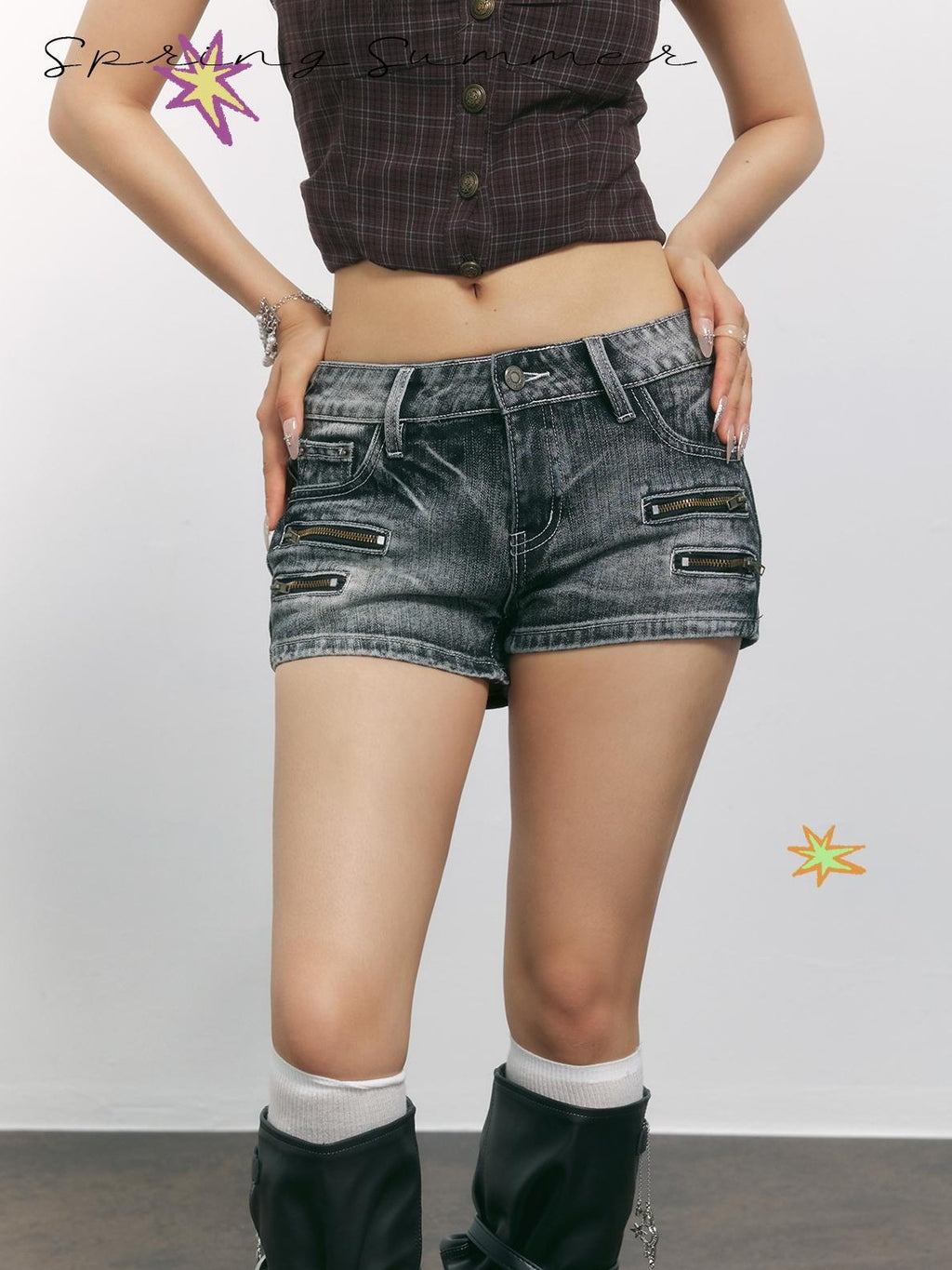 TOOOLAZY Ash Gray Vintage Washed Zipper Slim Women's Cotton Blend Denim Shorts