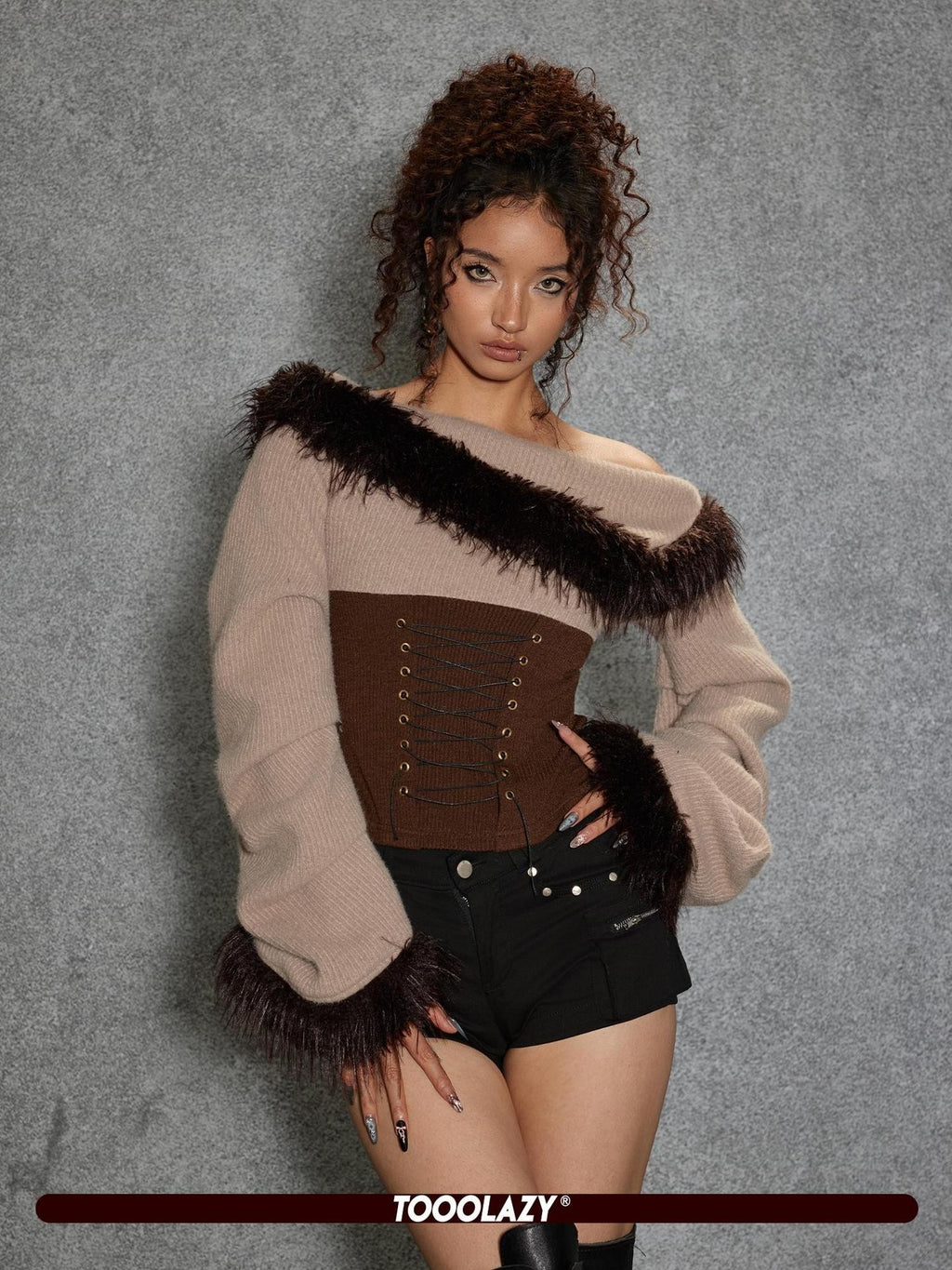 TOOOLAZY Asymmetric Fuzzy Collar Ruffle Sleeves Women's Polyester Nylon Blend Sweaters