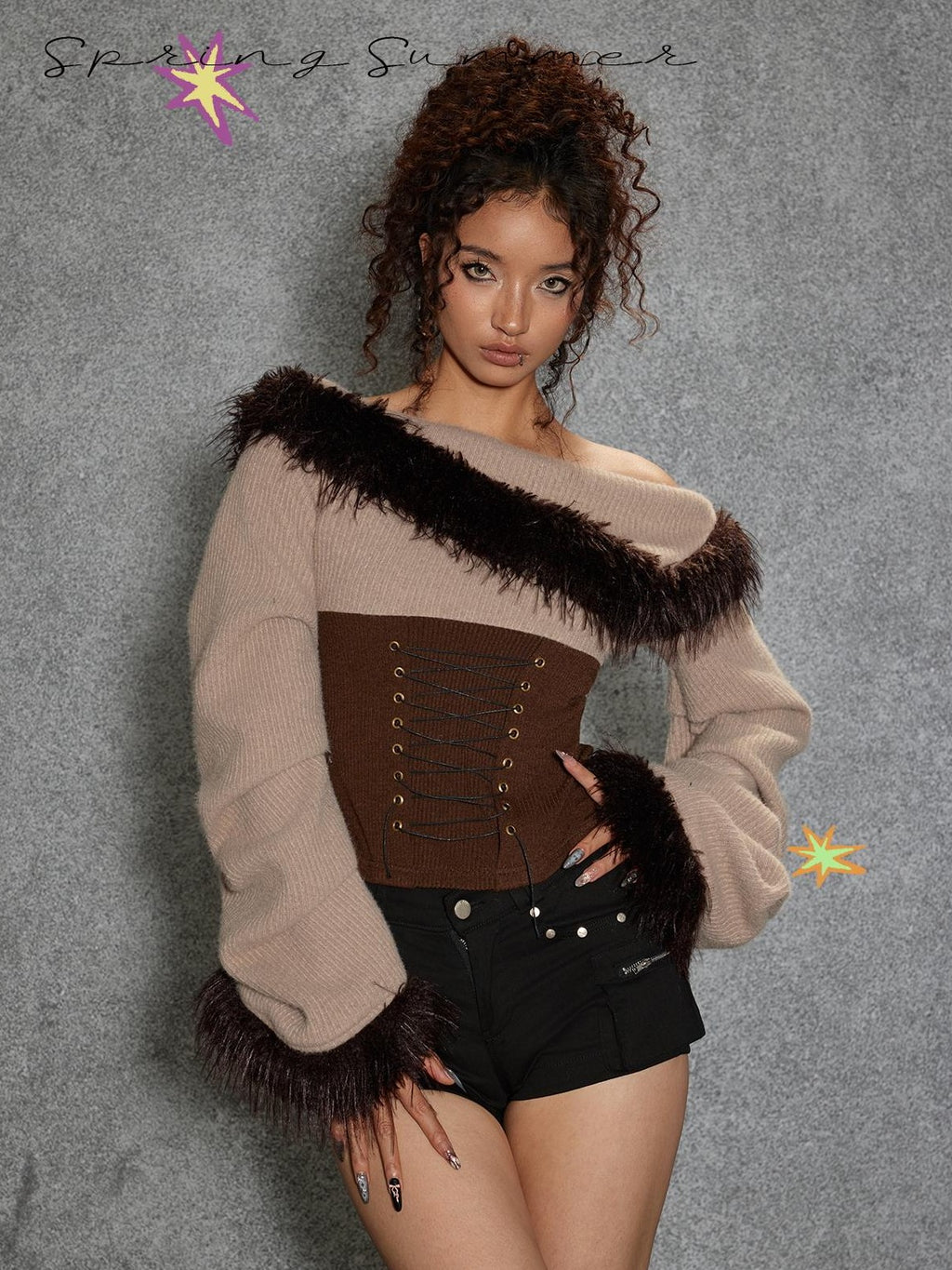 TOOOLAZY Asymmetric Fuzzy Collar Ruffle Sleeves Women's Polyester Nylon Blend Sweaters