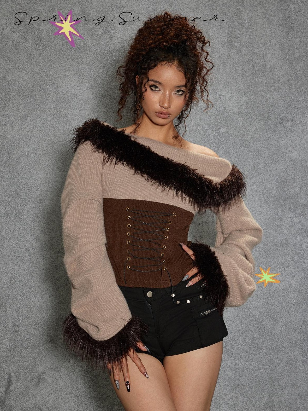 TOOOLAZY Asymmetric Fuzzy Collar Ruffle Sleeves Women's Polyester Nylon Blend Sweaters