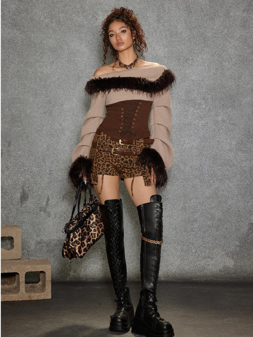TOOOLAZY Asymmetric Fuzzy Collar Ruffle Sleeves Women's Polyester Nylon Blend Sweaters