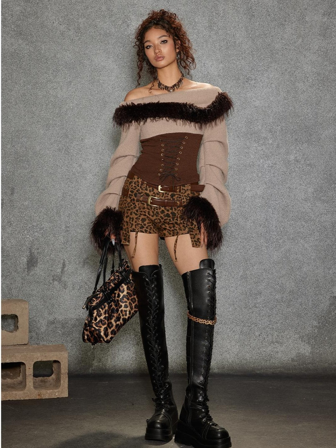 TOOOLAZY Asymmetric Fuzzy Collar Ruffle Sleeves Women's Polyester Nylon Blend Sweaters
