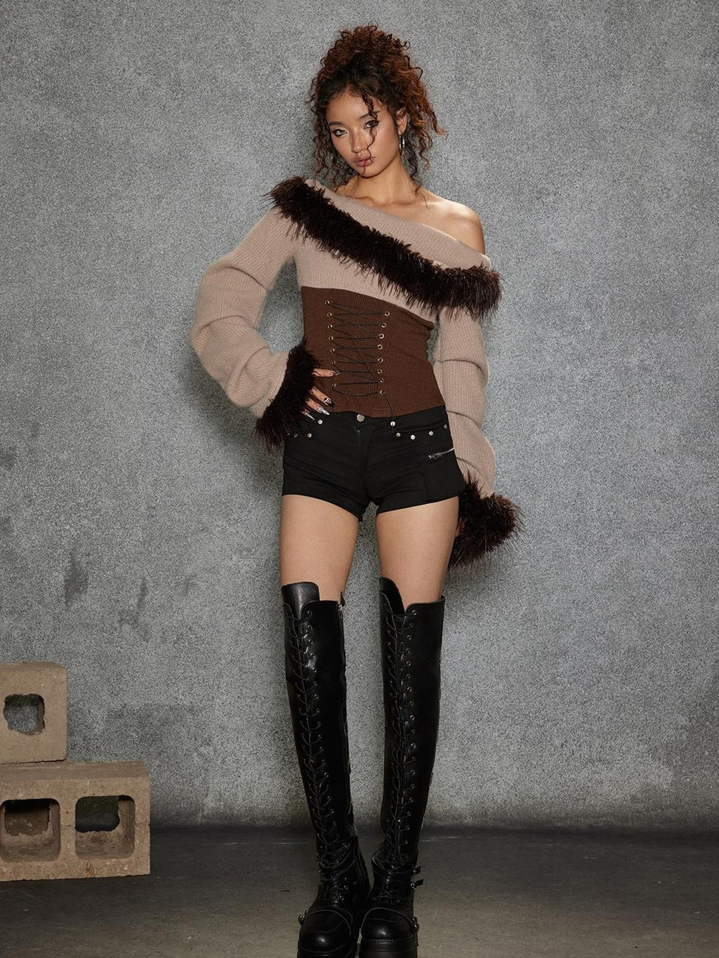 TOOOLAZY Asymmetric Fuzzy Collar Ruffle Sleeves Women's Polyester Nylon Blend Sweaters
