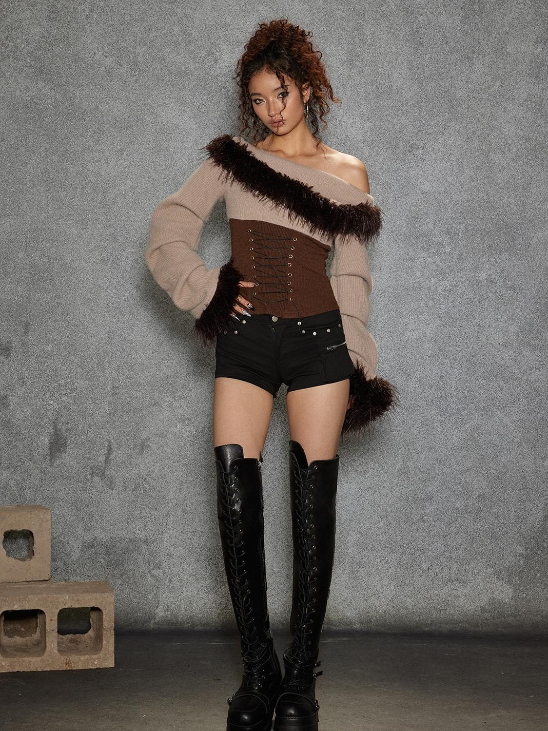 TOOOLAZY Asymmetric Fuzzy Collar Ruffle Sleeves Women's Polyester Nylon Blend Sweaters