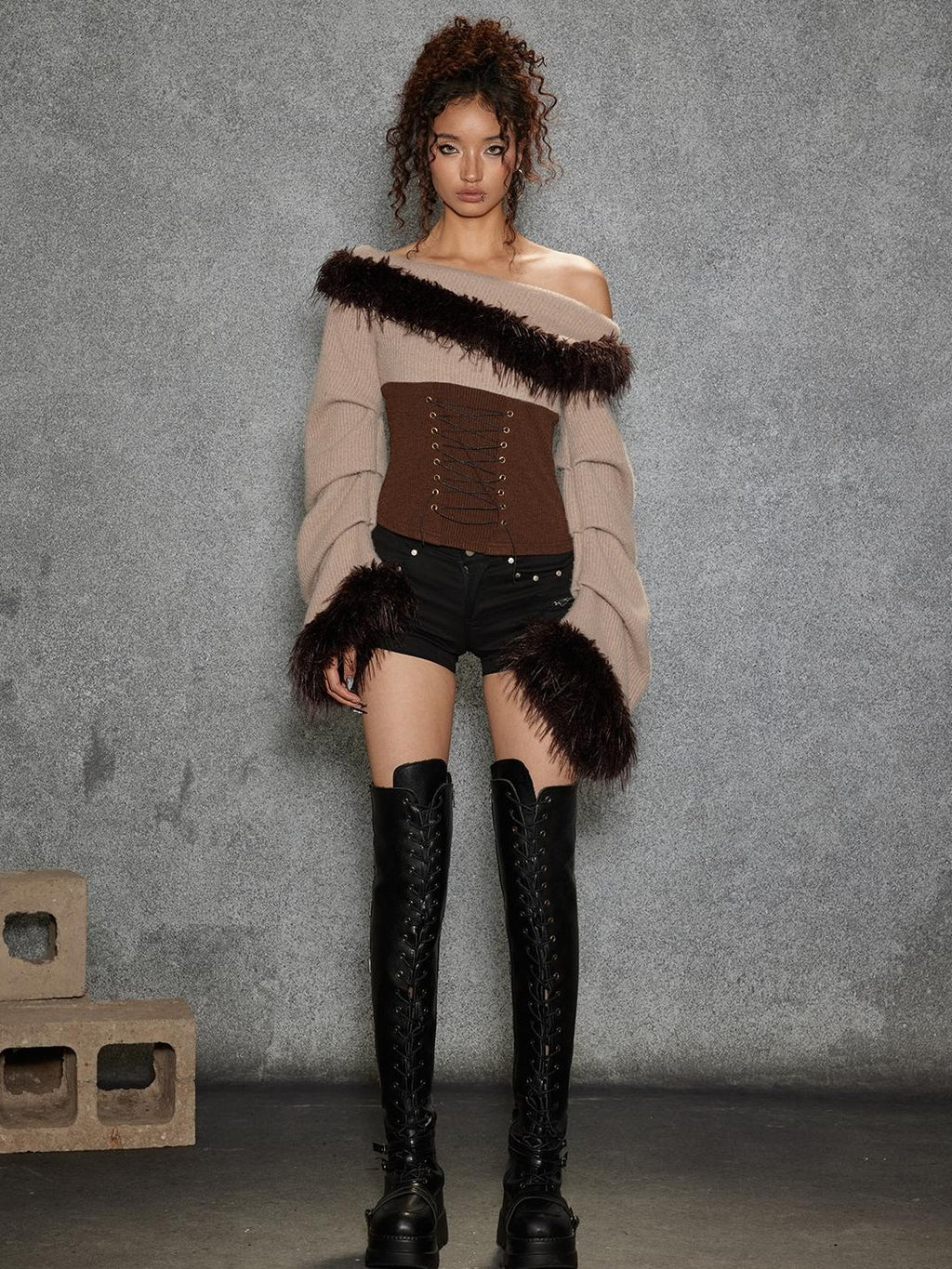 TOOOLAZY Asymmetric Fuzzy Collar Ruffle Sleeves Women's Polyester Nylon Blend Sweaters