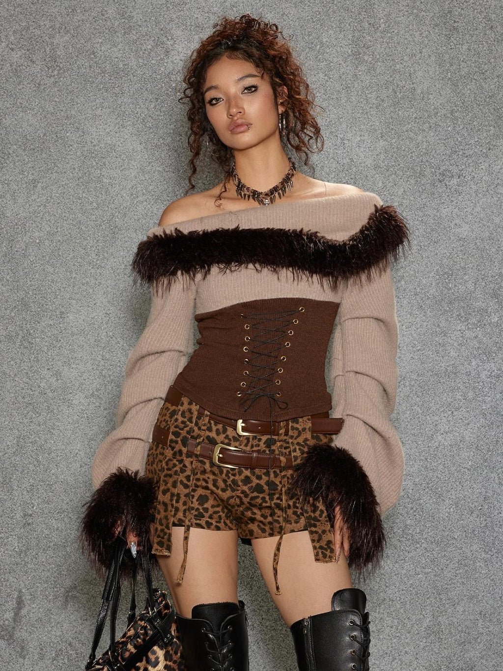 TOOOLAZY Asymmetric Fuzzy Collar Ruffle Sleeves Women's Polyester Nylon Blend Sweaters