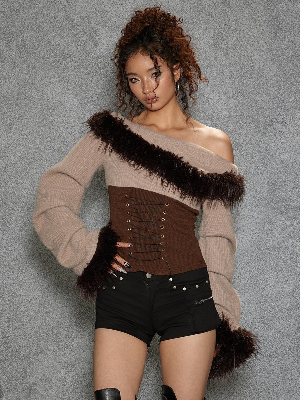 TOOOLAZY Asymmetric Fuzzy Collar Ruffle Sleeves Women's Polyester Nylon Blend Sweaters