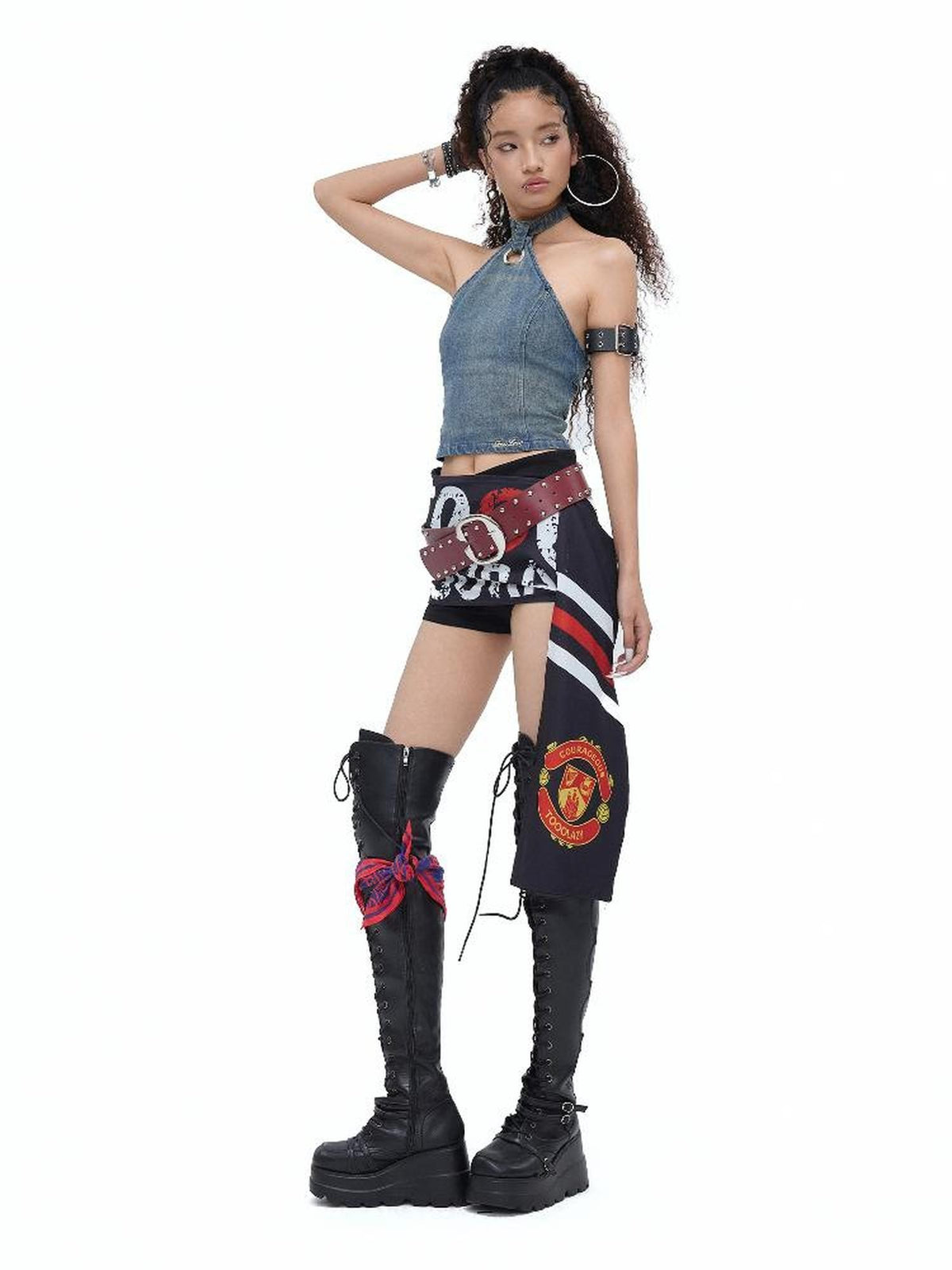 TOOOLAZY Asymmetric Printed High Waist Faux Overlay Tie Women's Poly Cotton Skorts
